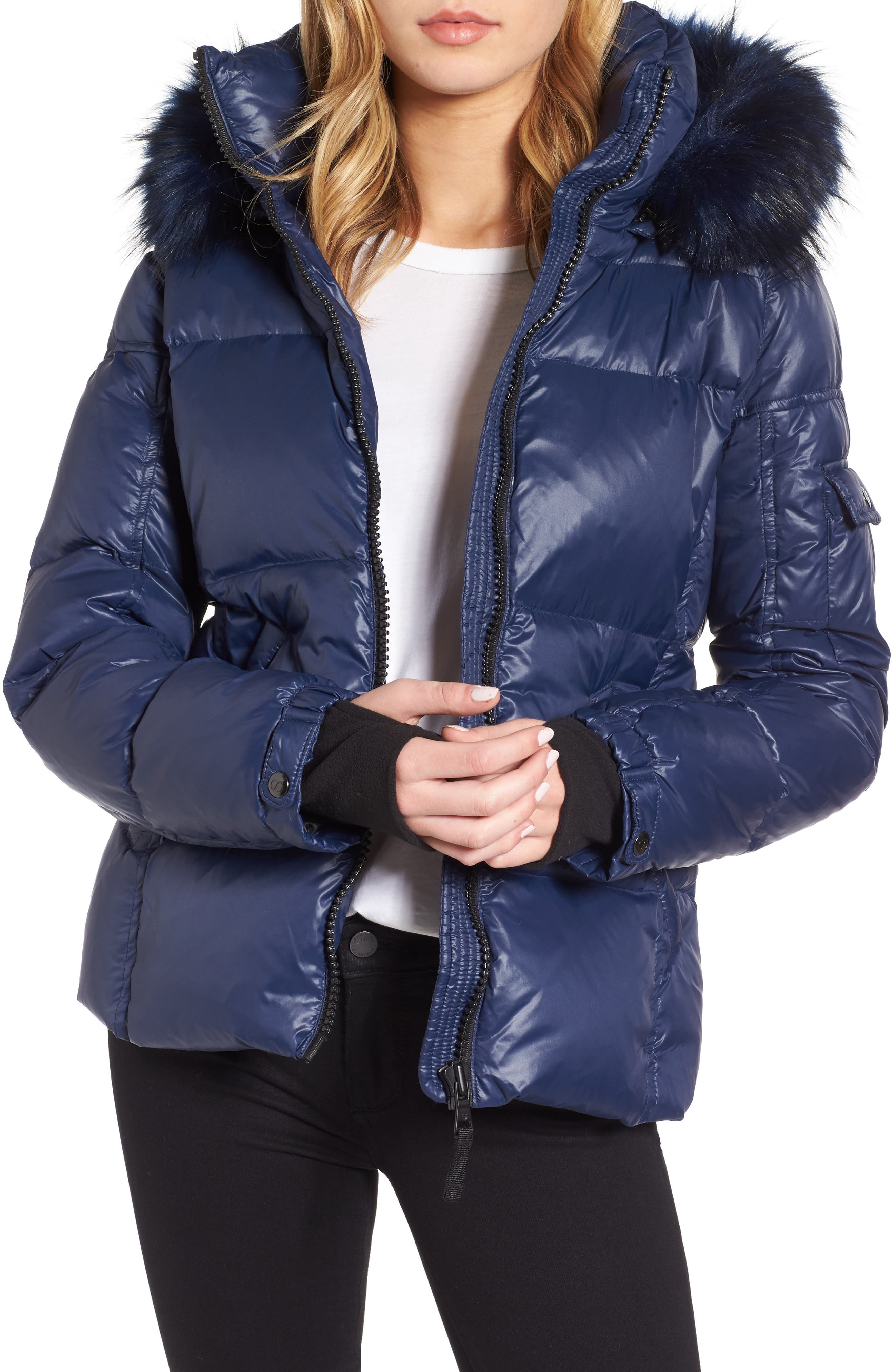 S13/nyc Kylie Faux Fur Trim Gloss Puffer Jacket, Blue