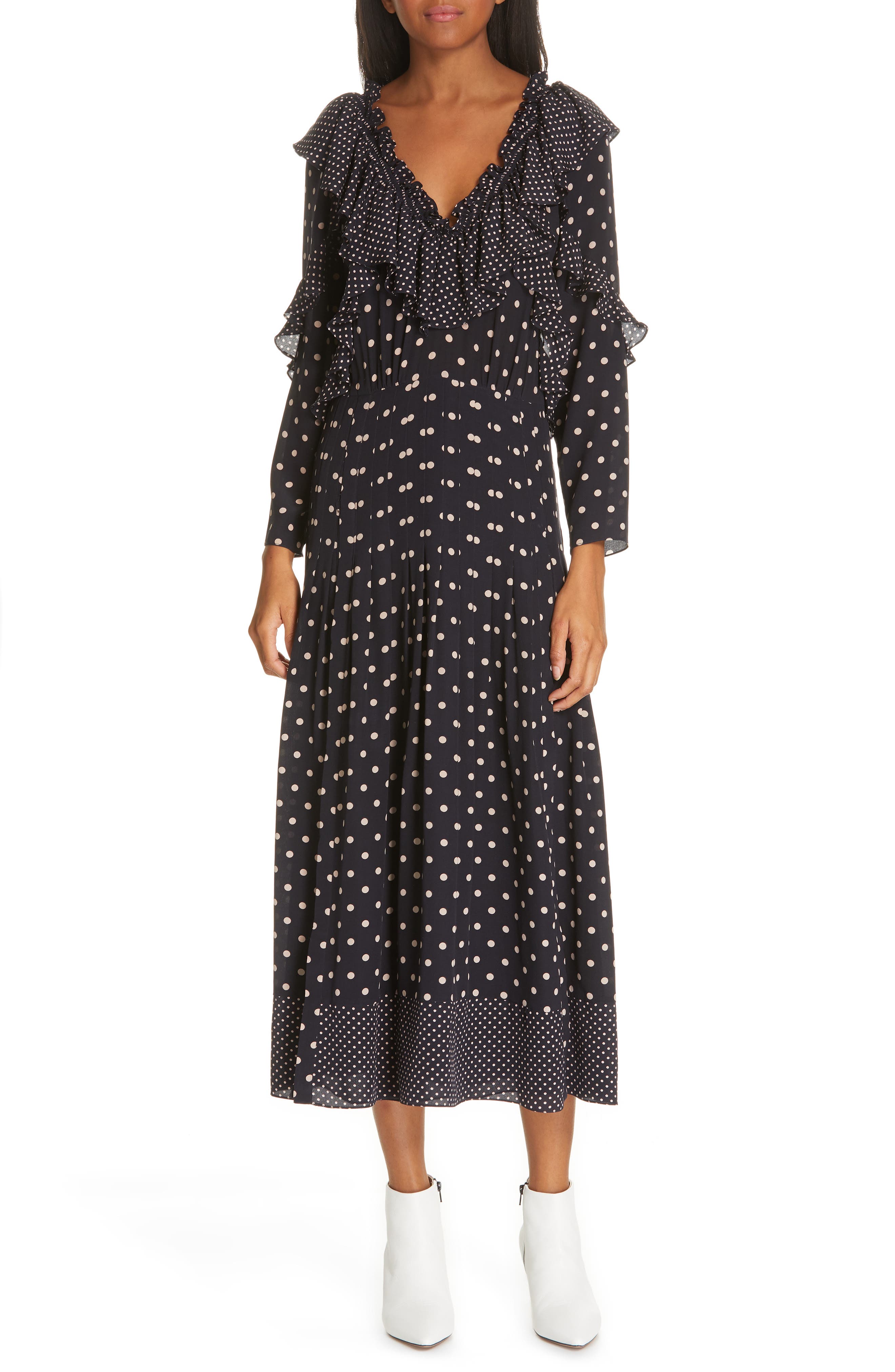 Rebecca Taylor Dot Print Silk Midi Dress, Blue