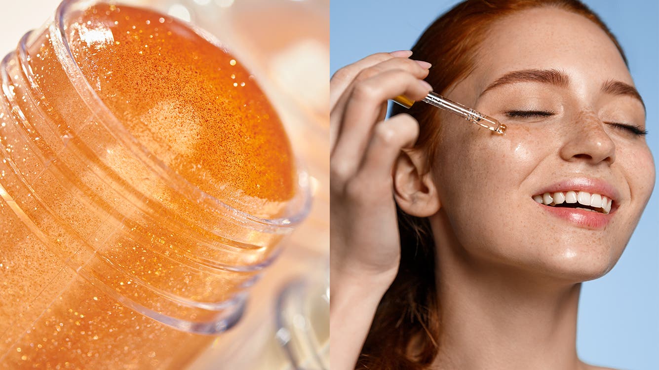 A closeup image of a skin care product. A woman applies skin care to her face.