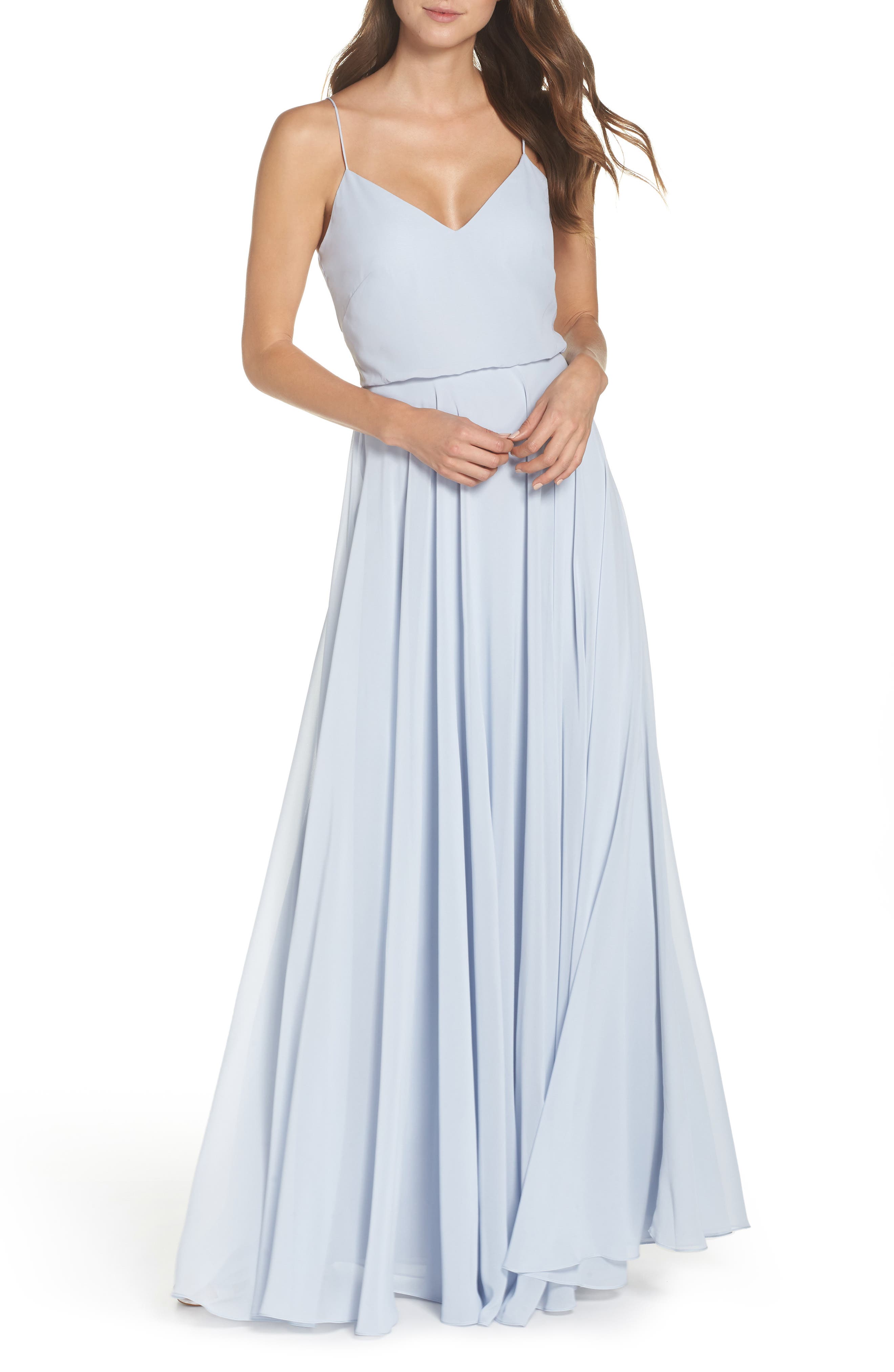 Jenny Yoo Inesse Chiffon V-Neck Spaghetti Strap Gown, Blue