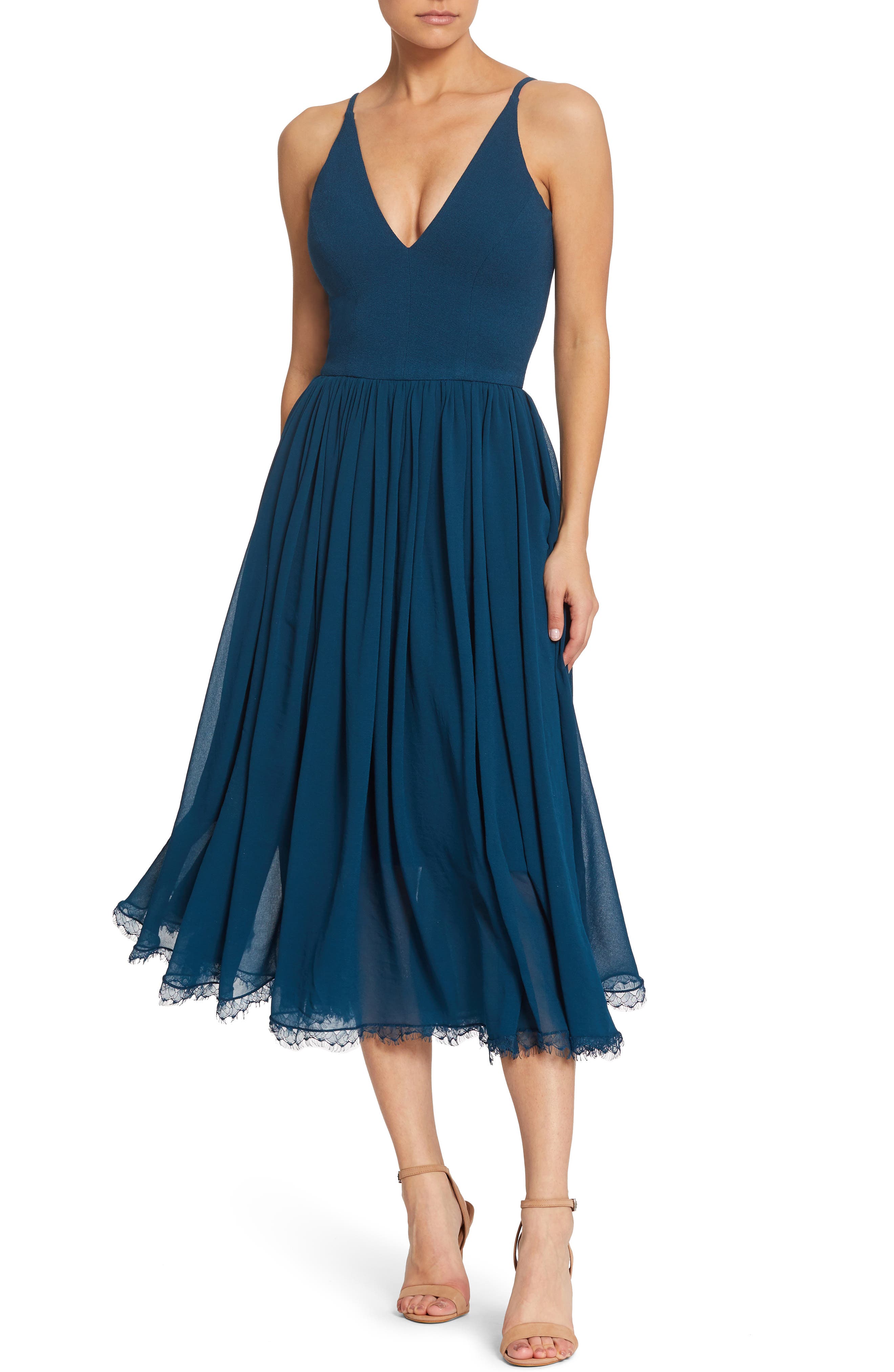 Dress The Population Alicia Mixed Media Midi Dress, Blue