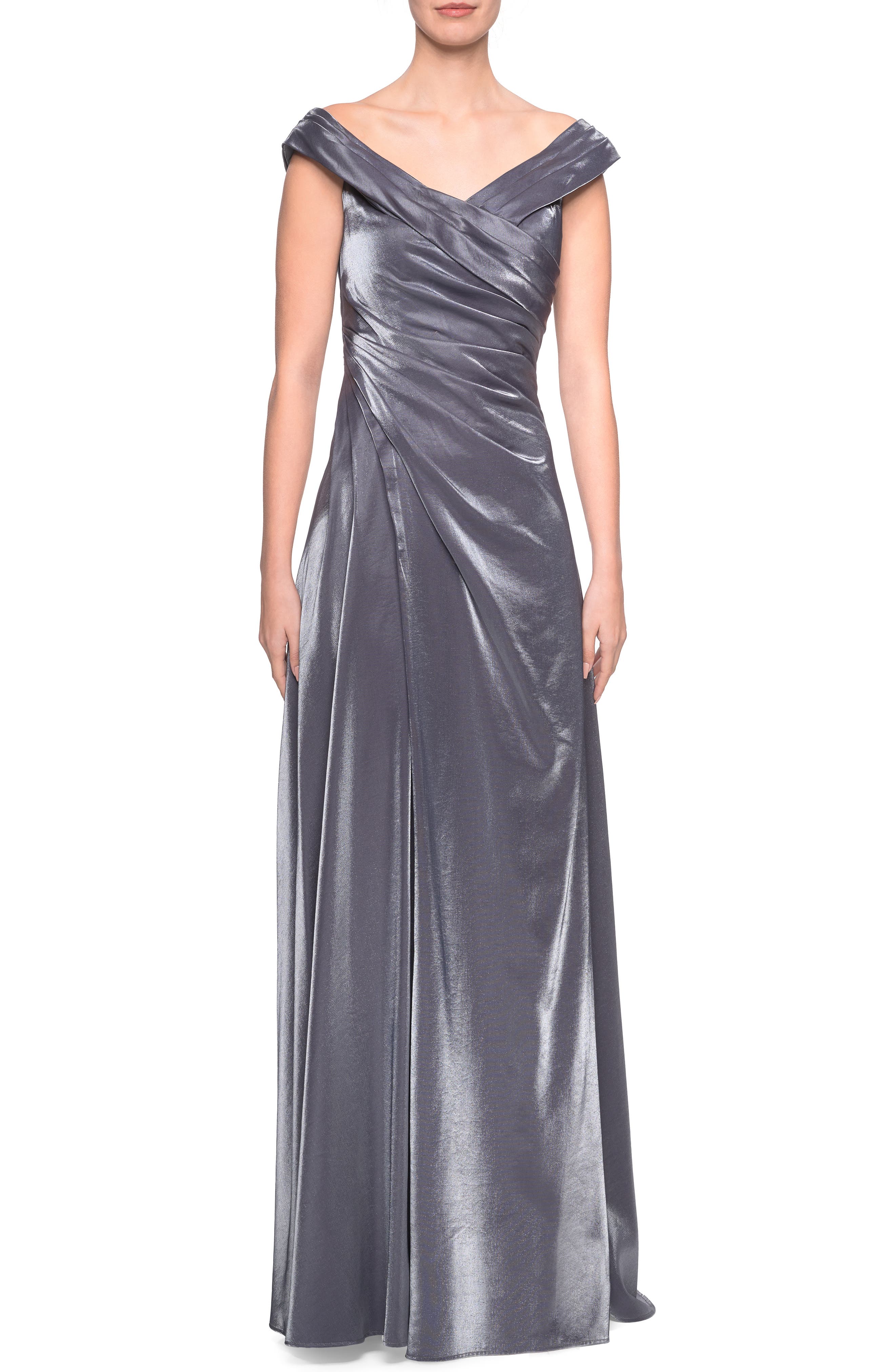 La Femme Ruched Satin Evening Dress, Grey