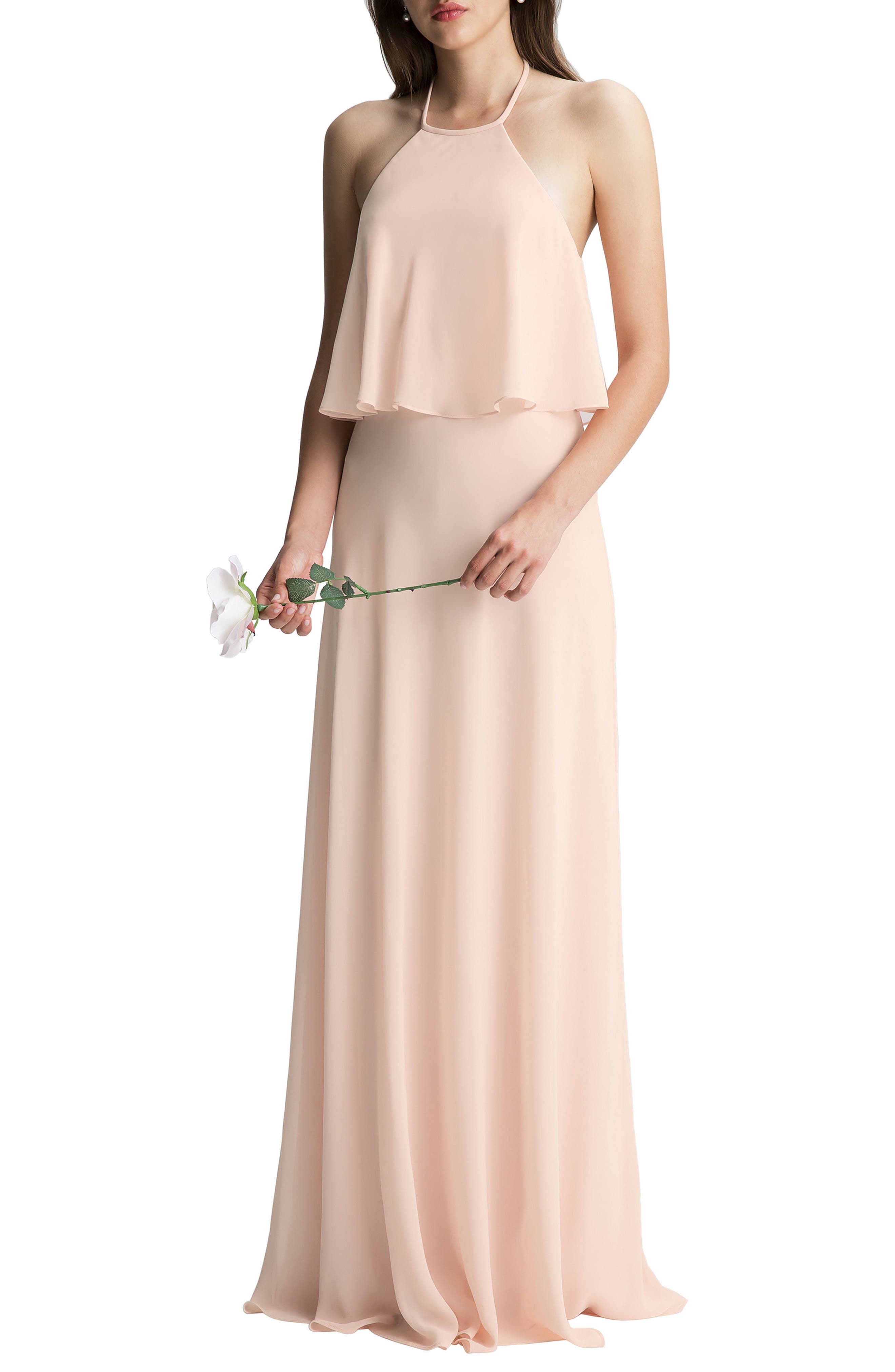 #levkoff Halter Overlay Chiffon Gown, Pink