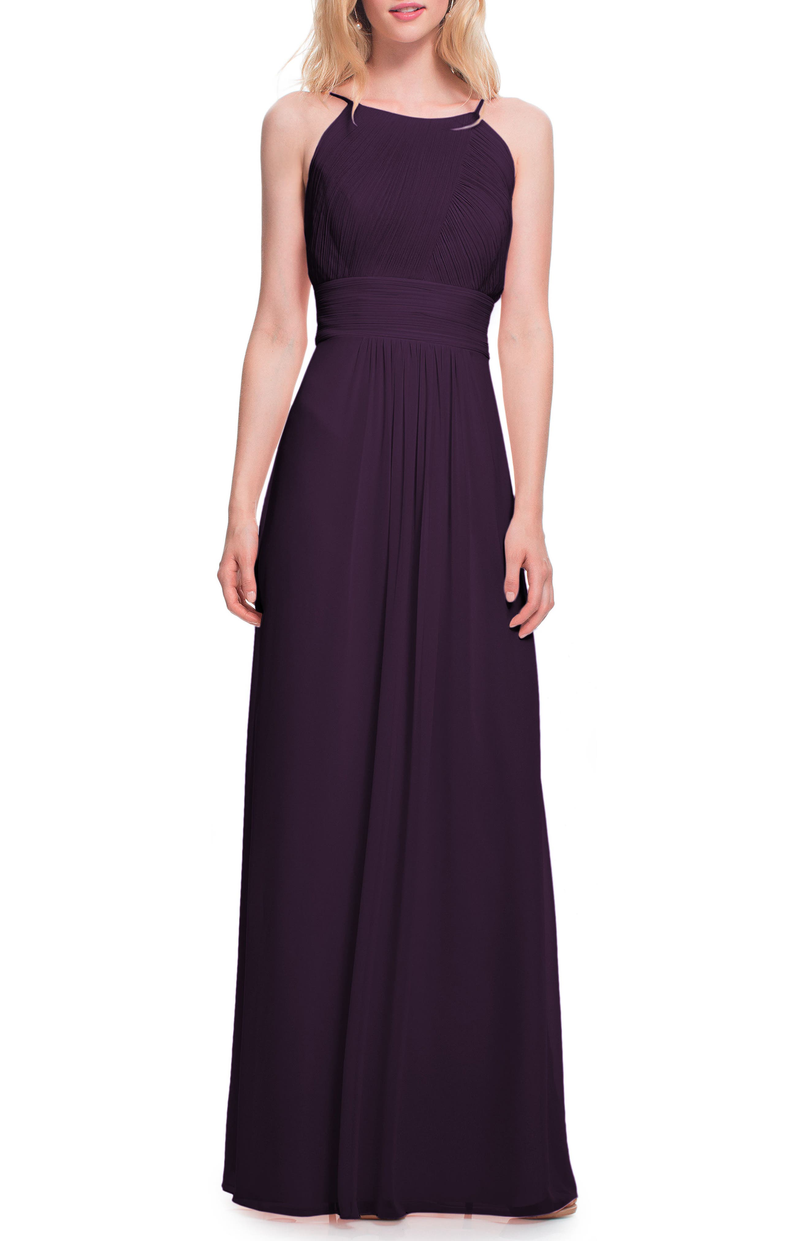 #levkoff Low Back Pleated Chiffon Gown, Purple