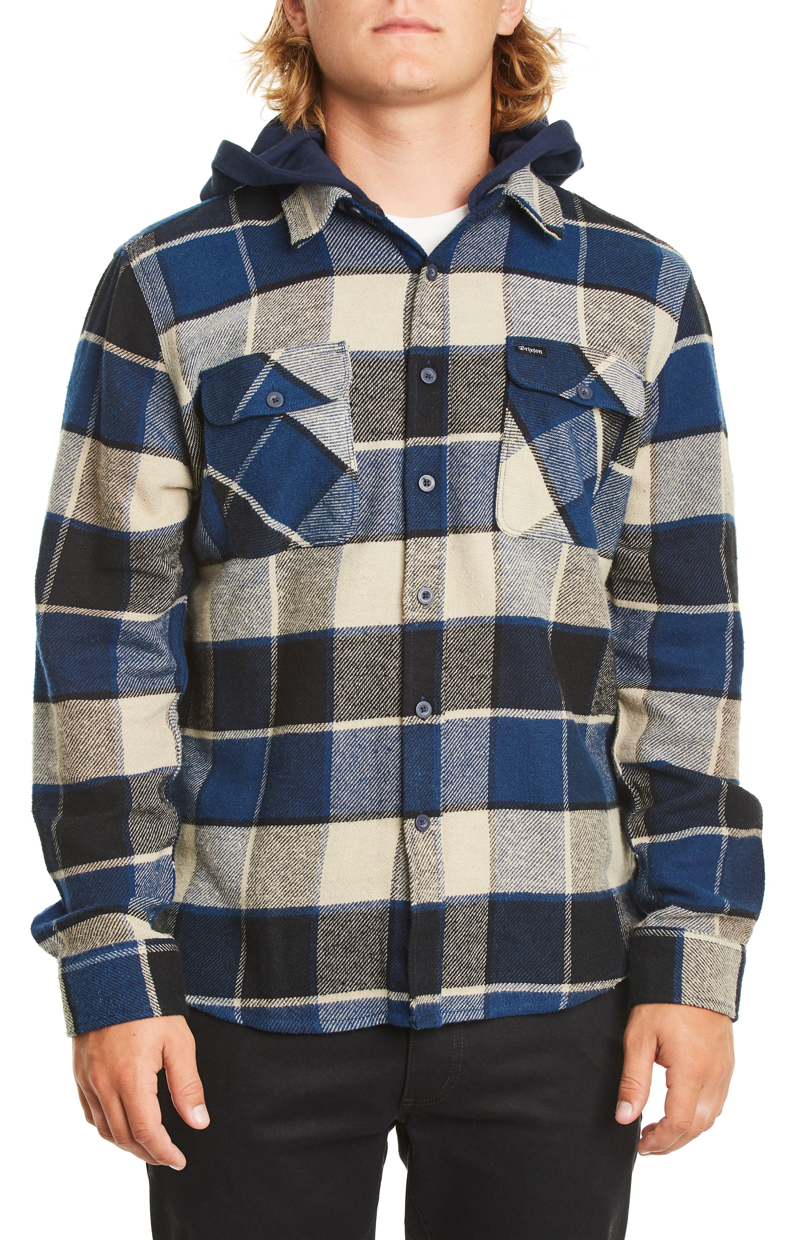 Brixton Bowery Plaid Flannel Shirt With Hood, Black