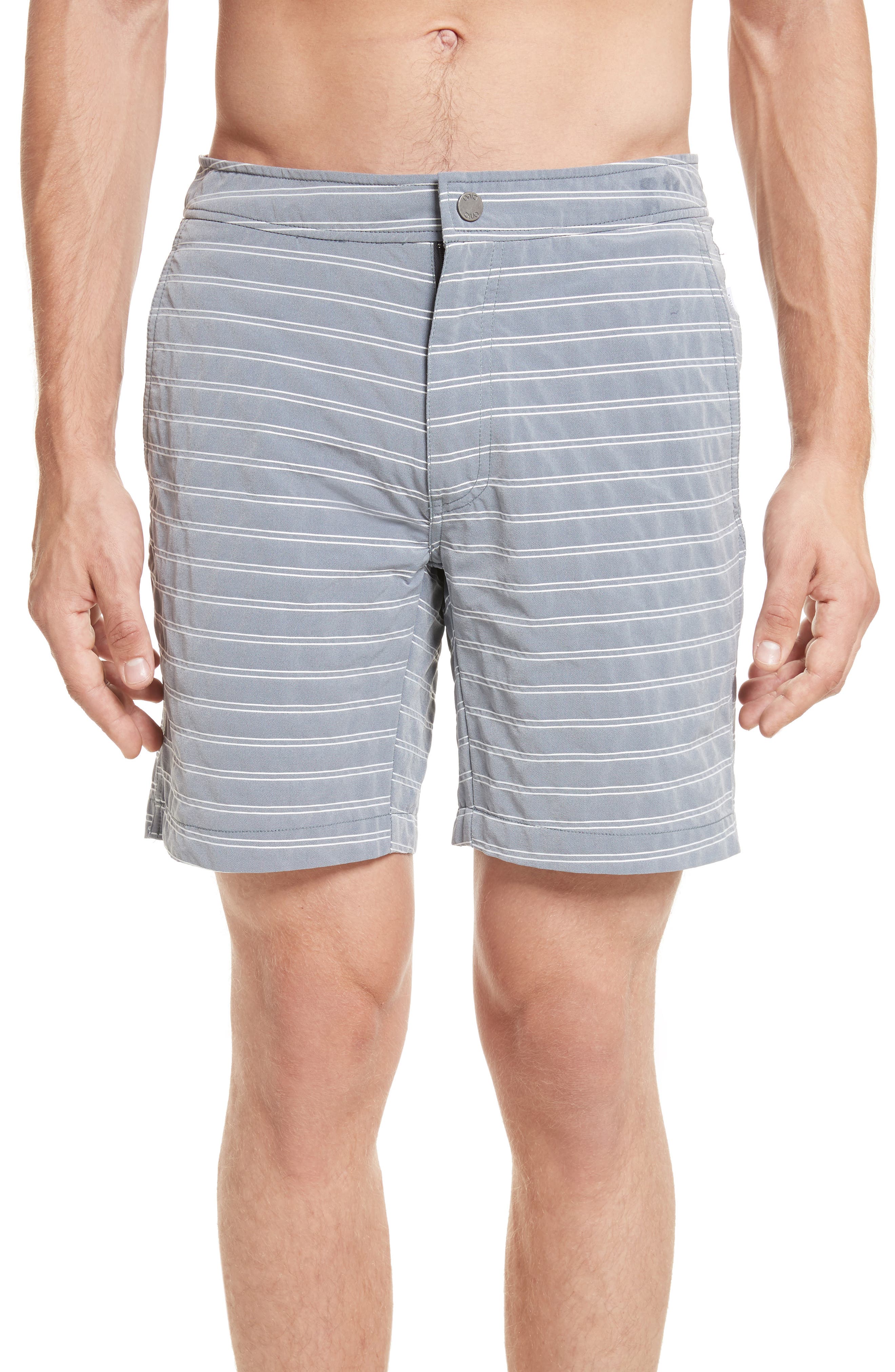 Onia Calder Stripe Board Shorts, Grey