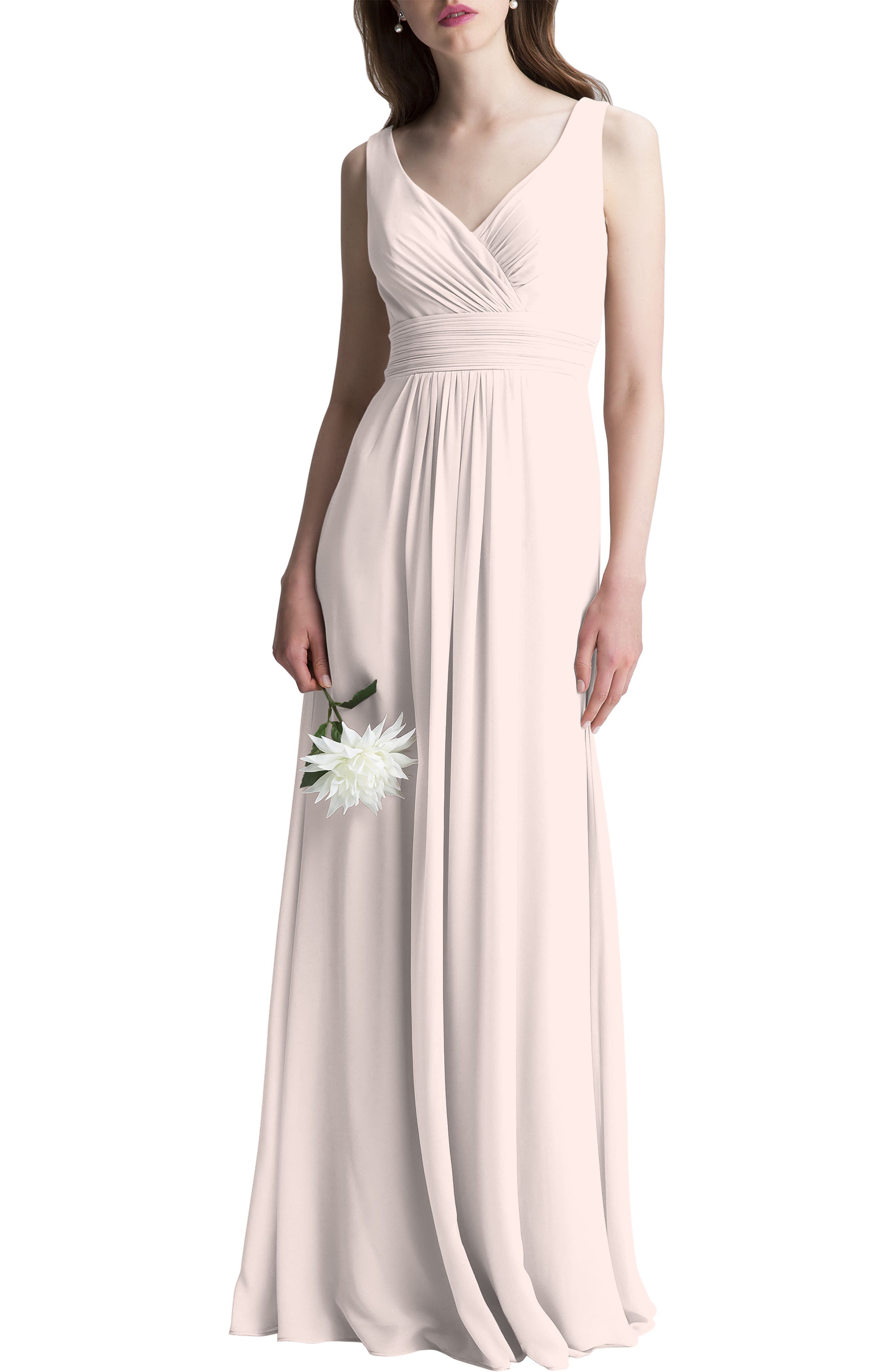 #levkoff V-Neck Chiffon A-Line Gown, Pink