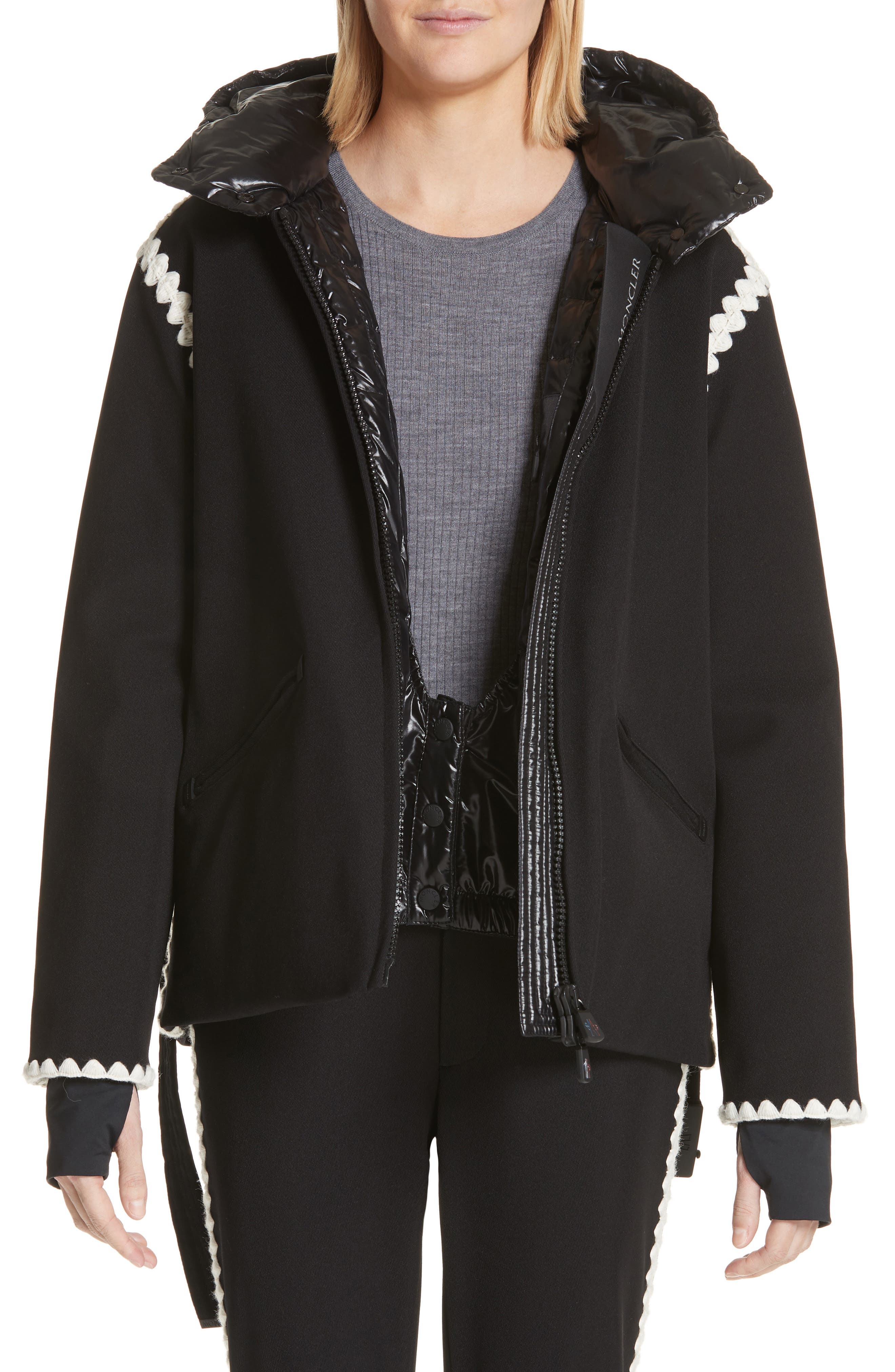 Moncler Bourget Embroidered Hooded Down Coat, Black