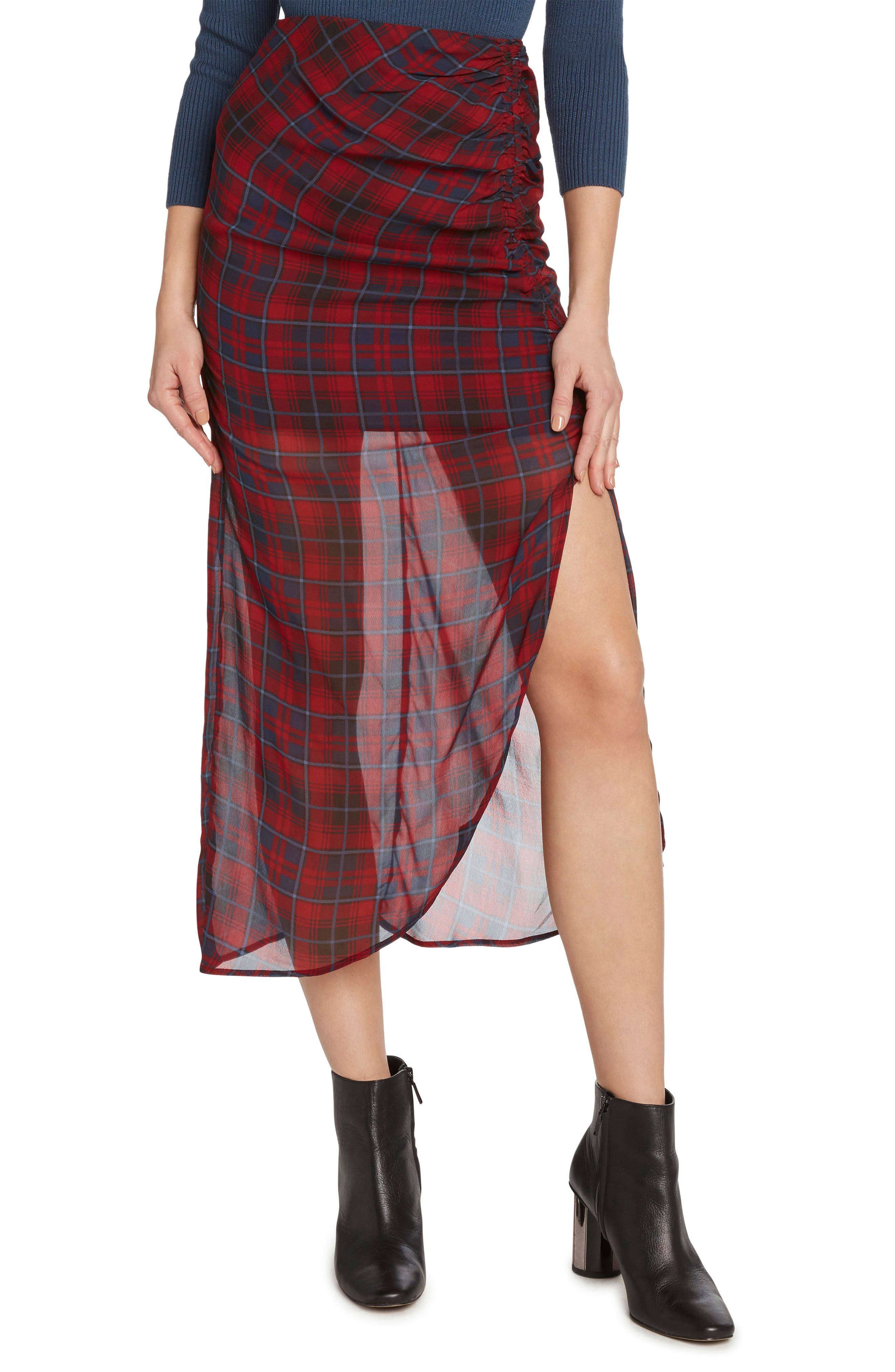 Willow & Clay Plaid Ruched Skirt, Burgundy