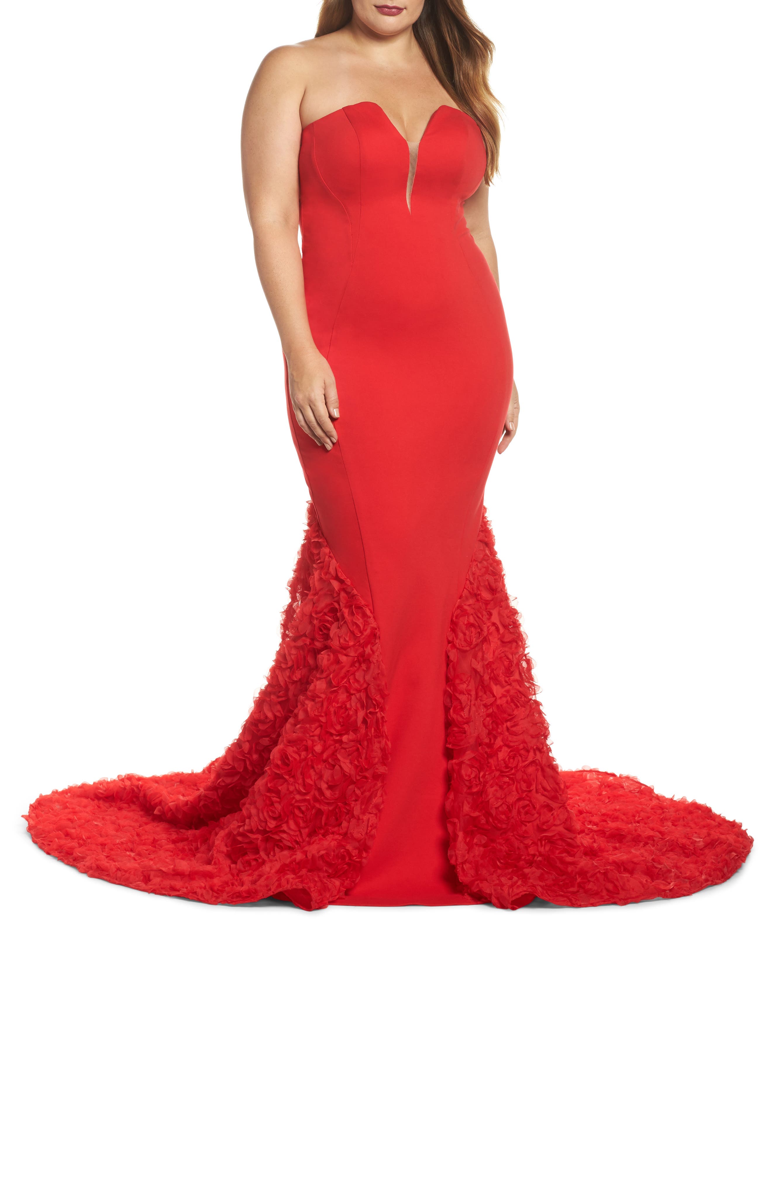 Plus Size MAC Duggal Strapless Bustier Rosette Gown, Red