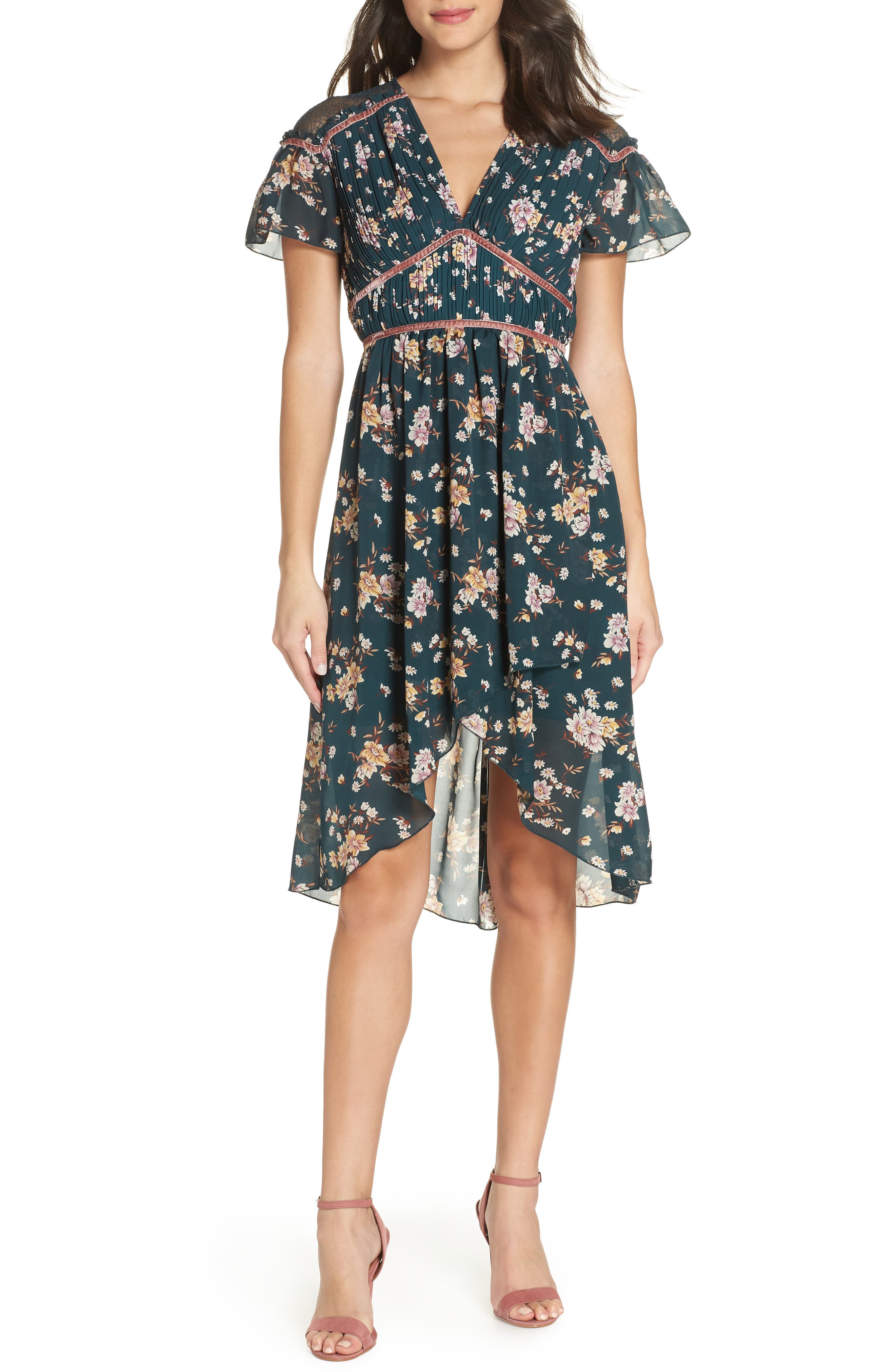 Chelsea28 Floral Pleat & Lace Mix Dress, Green