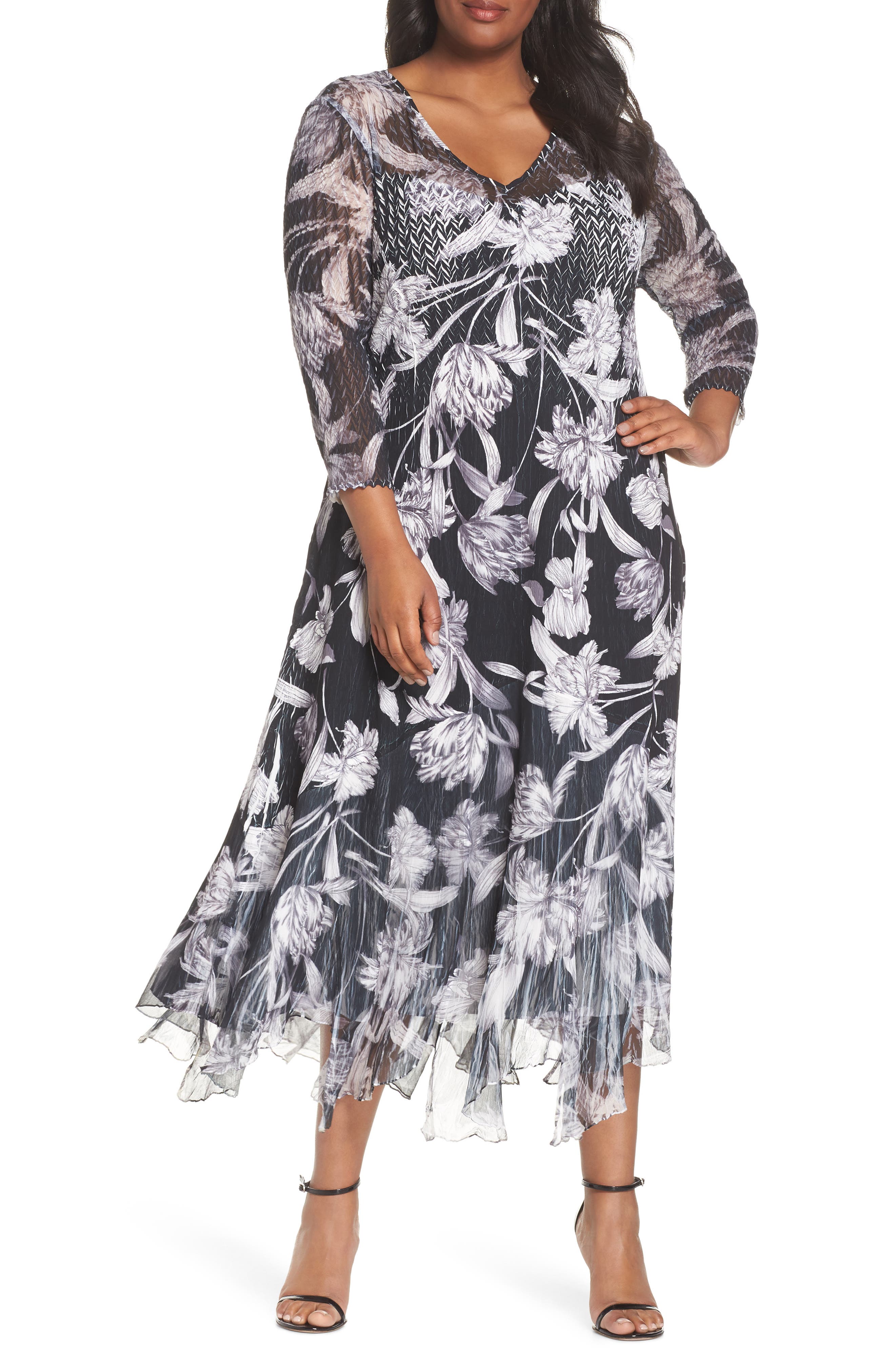 Plus Size Komarov Handkerchief Hem Floral Charmeuse & Chiffon Dress
