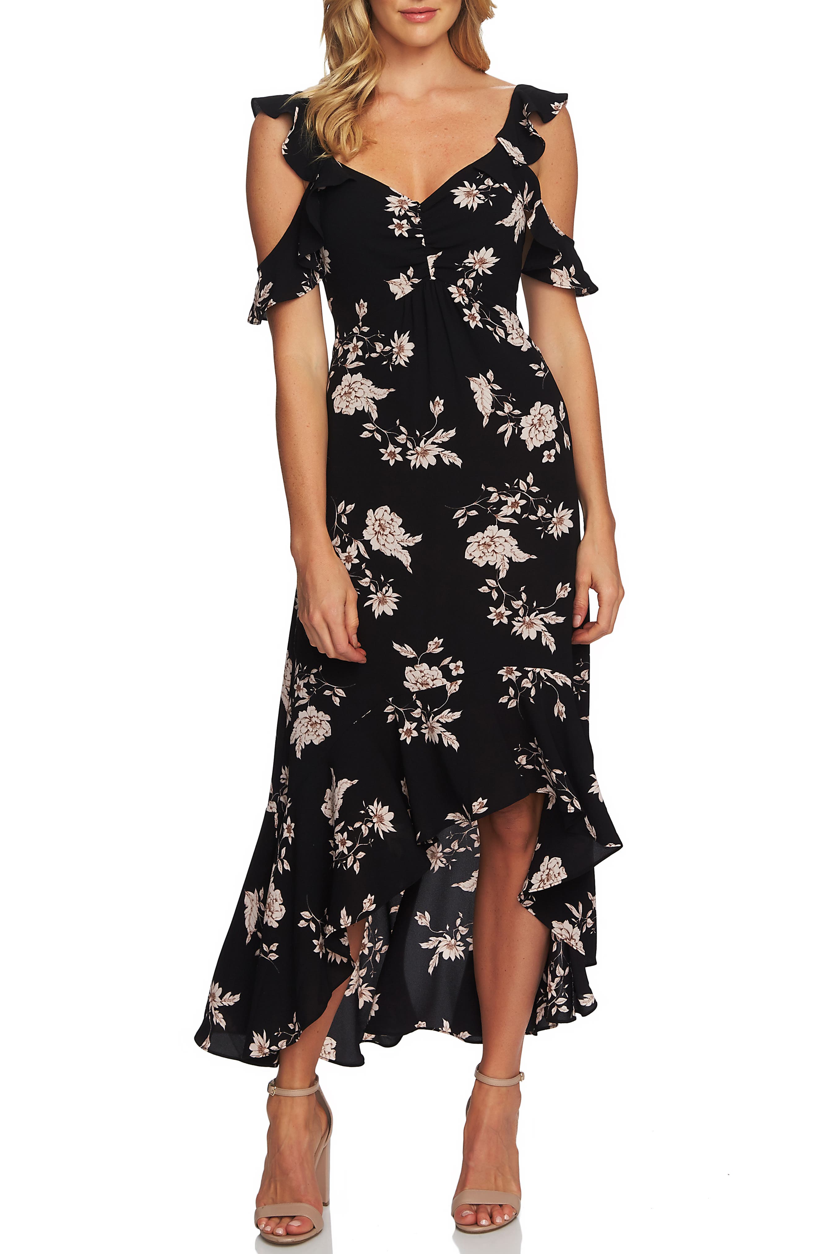 Cece Etched Floral High/low Midi Dress, Black