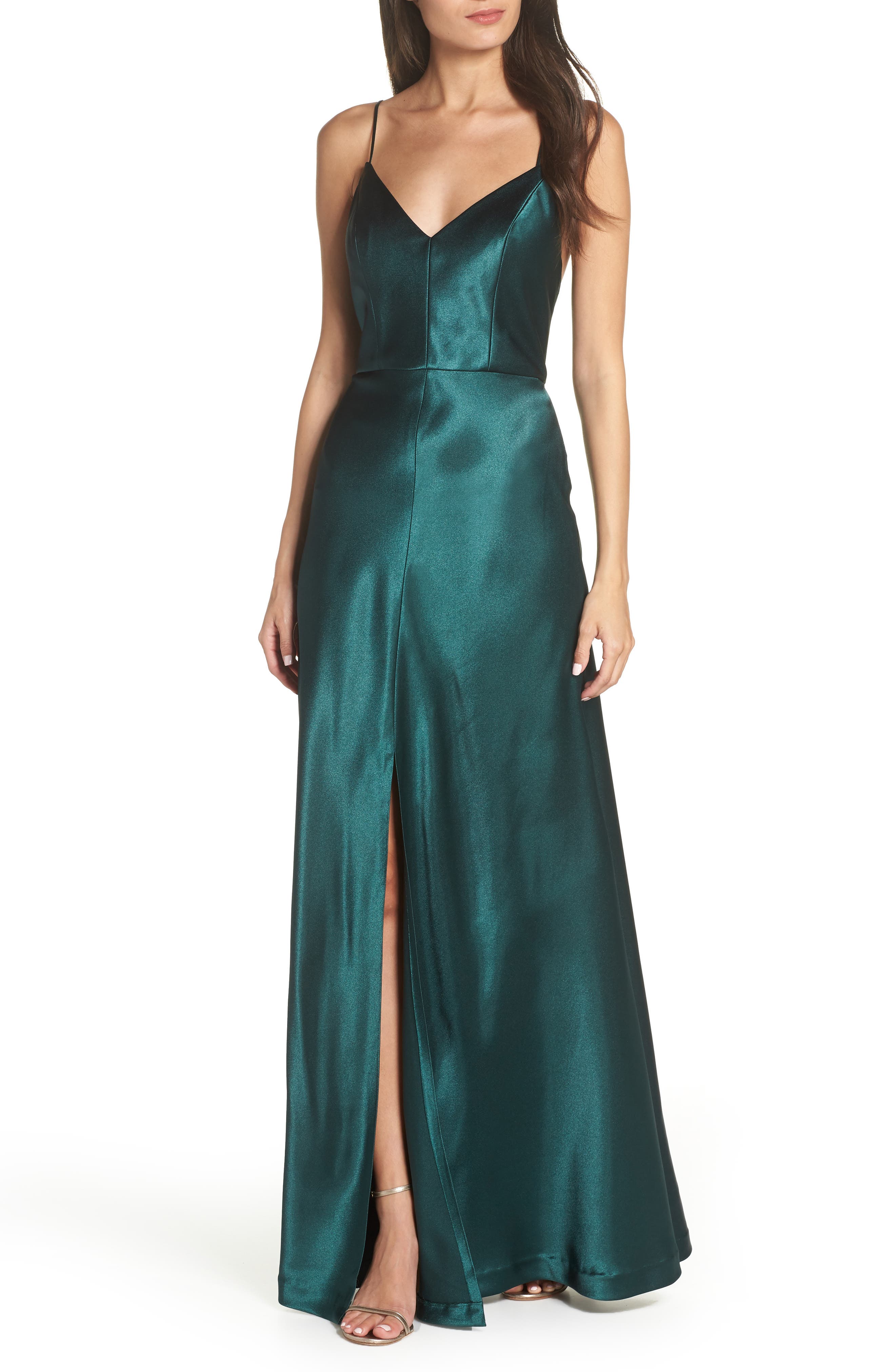 Jenny Yoo Dina V-Neck Satin Crepe Gown, Green