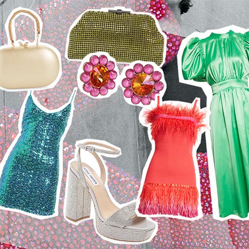 A collage of festive dresses, bags, shoes and accessories.