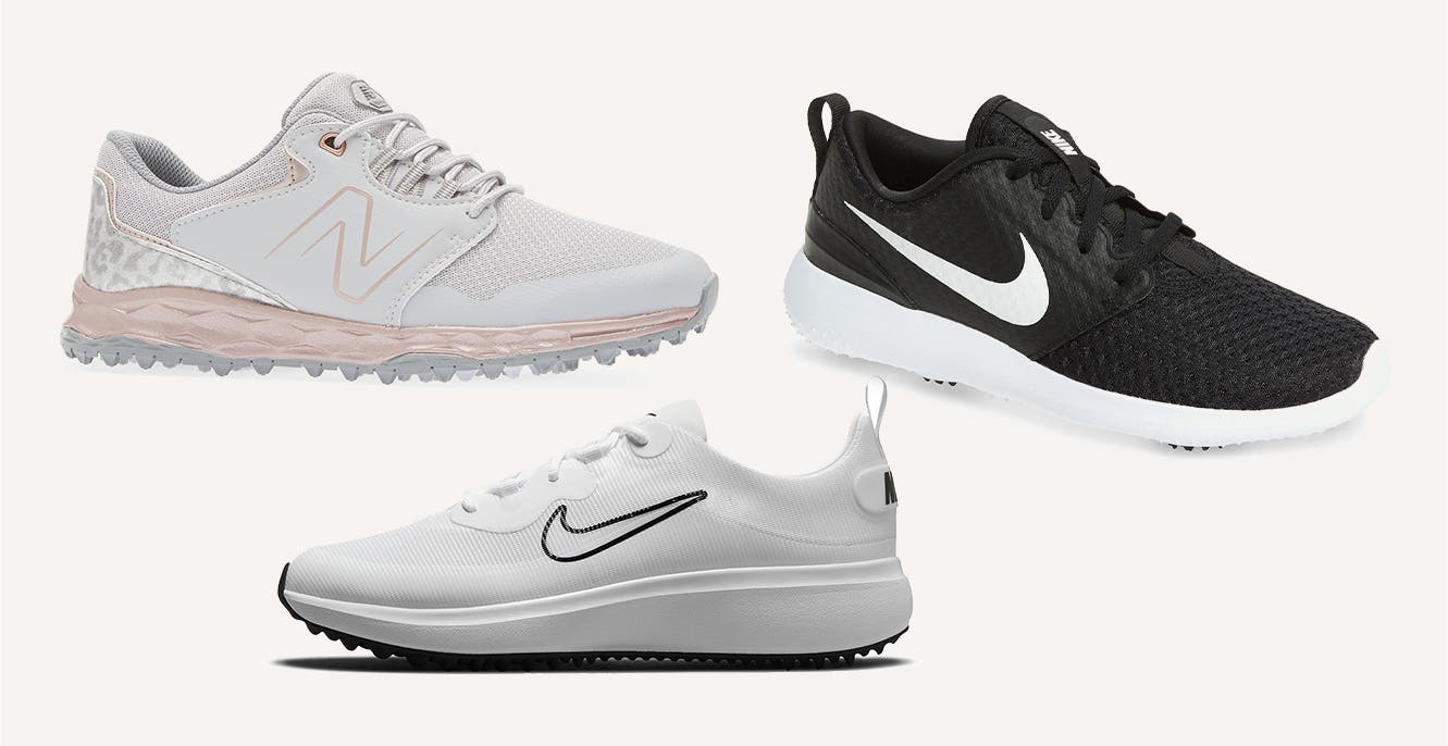 New Balance white-and-pink golf shoe; white-and-black Nike golf shoe; black-and-white Nike golf shoe.