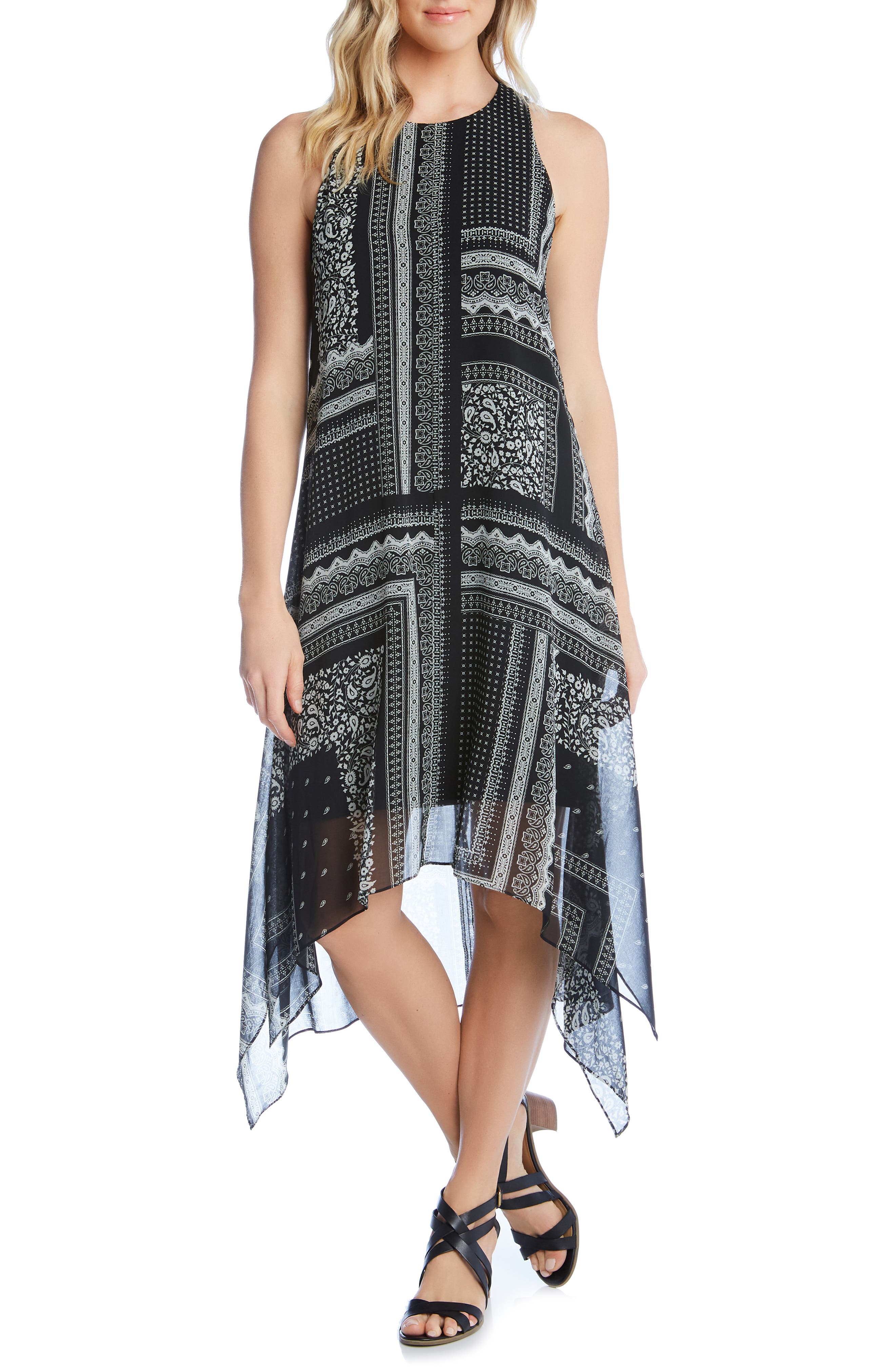 Karen Kane Printed Handkerchief Hem Dress, Black