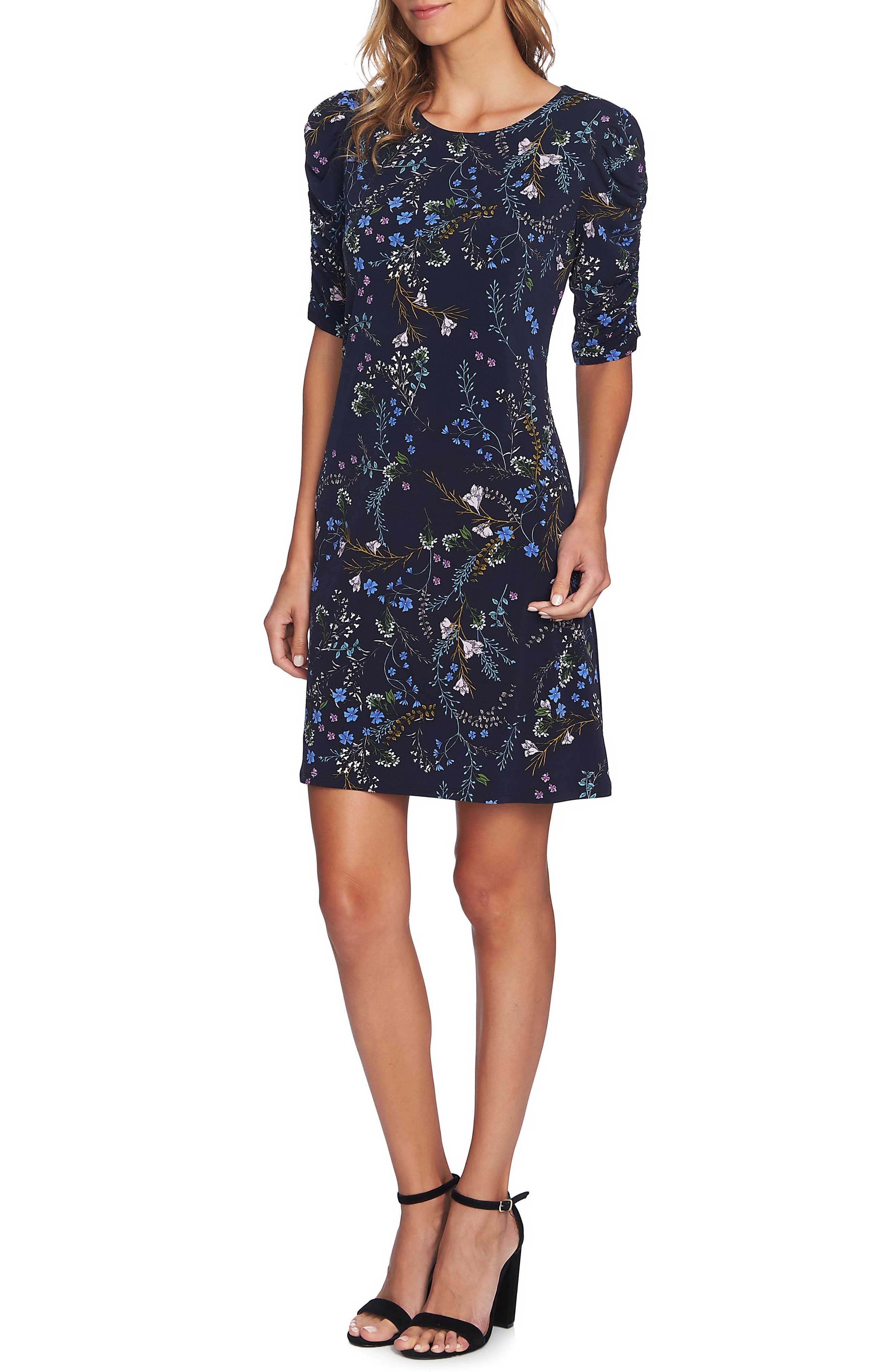 Cece Ruched Sleeve Floral Vine Dress, Blue