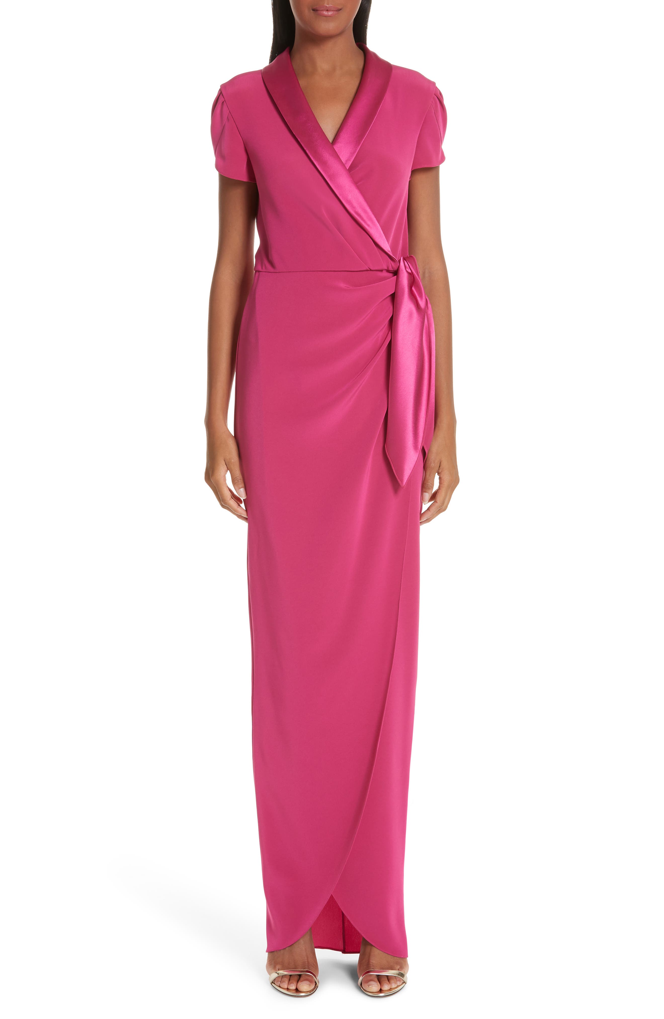 Verdin Tuxedo Lapel Column Wrap Dress, Pink