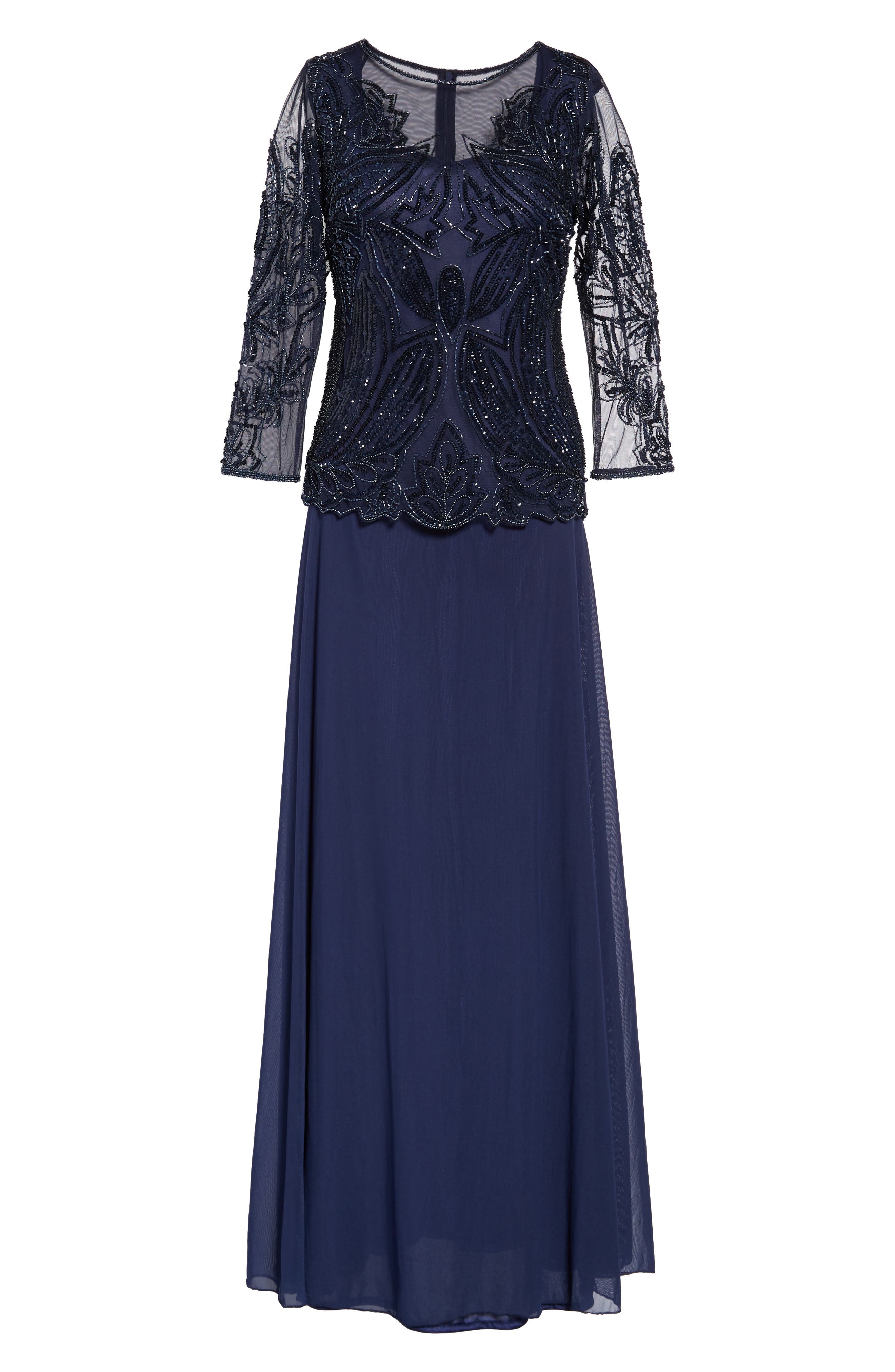 Petite Pisarro Nights Embellished Mesh Gown, Blue