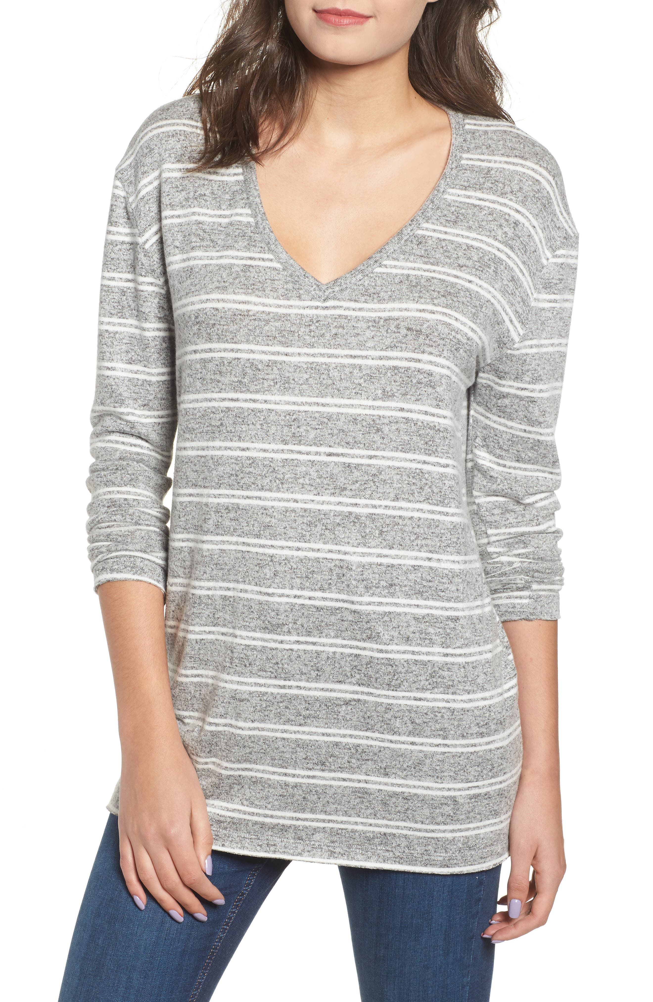 Cozy V-Neck Sweater,                        Main,                        color, GREY MEDIUMHEATHER KORA STRIPE