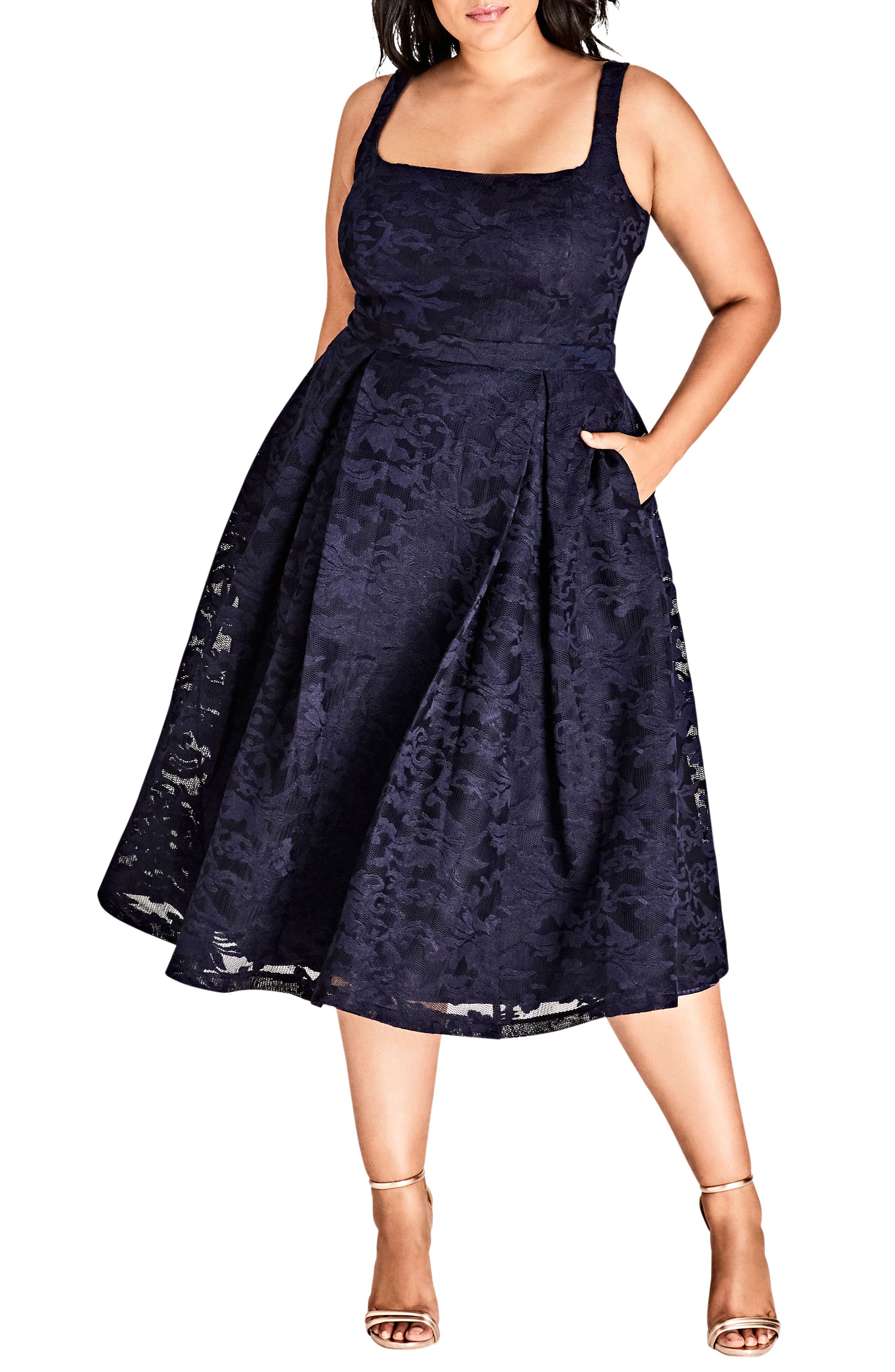 Plus Size City Chic Jackie O Lace Fit & Flare Dress, Blue