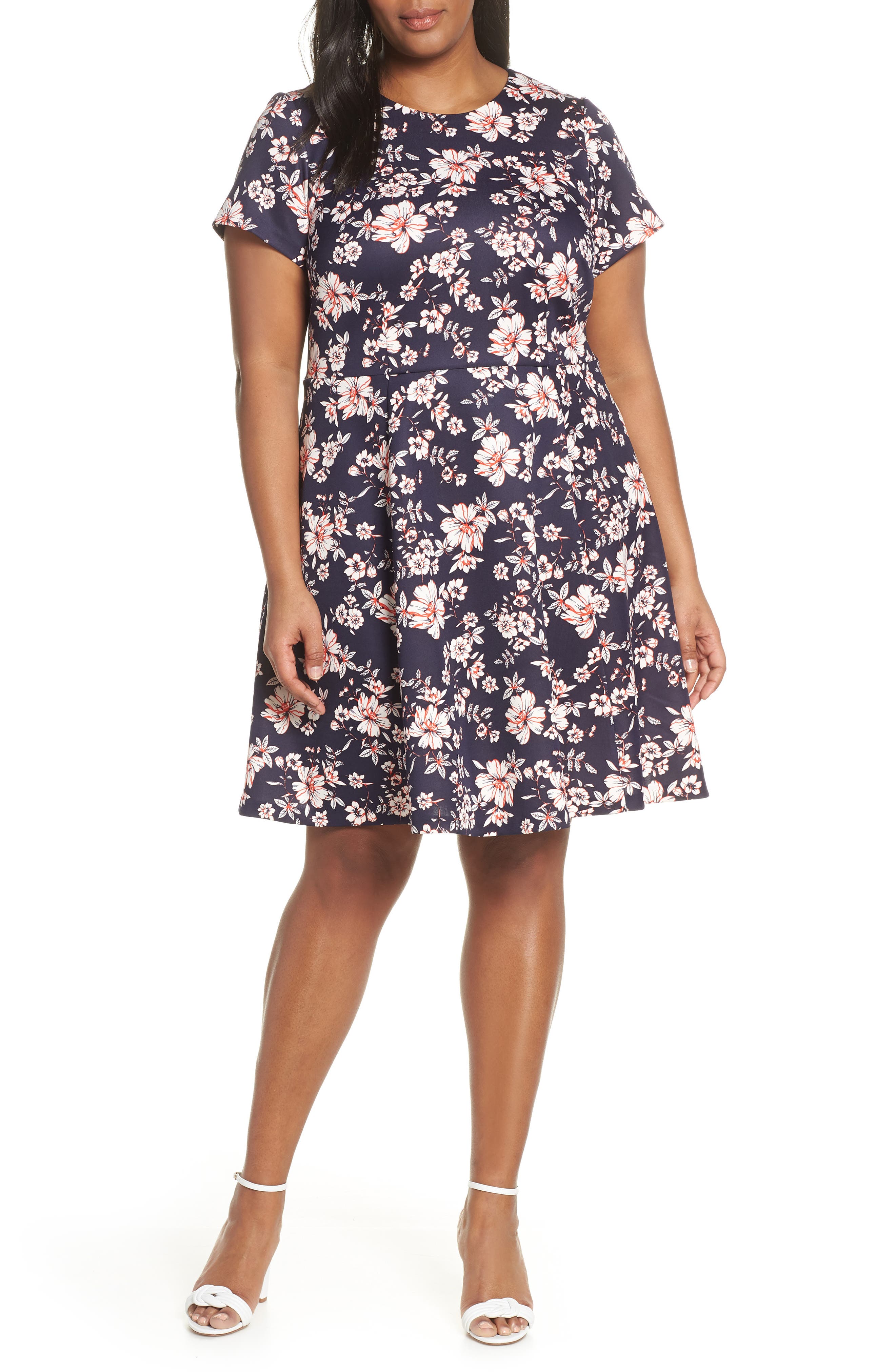 Plus Size Vince Camuto Floral Scuba Crepe Fit & Flare Dress, Blue