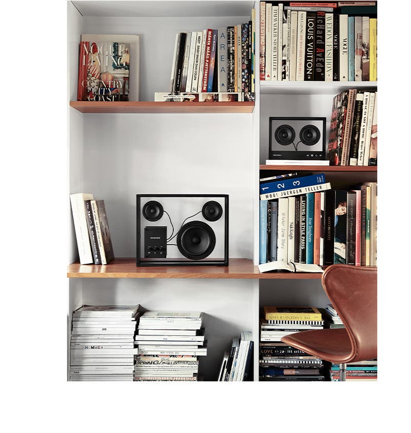 Transparent Sound's Transparent Speaker on bookshelf.
