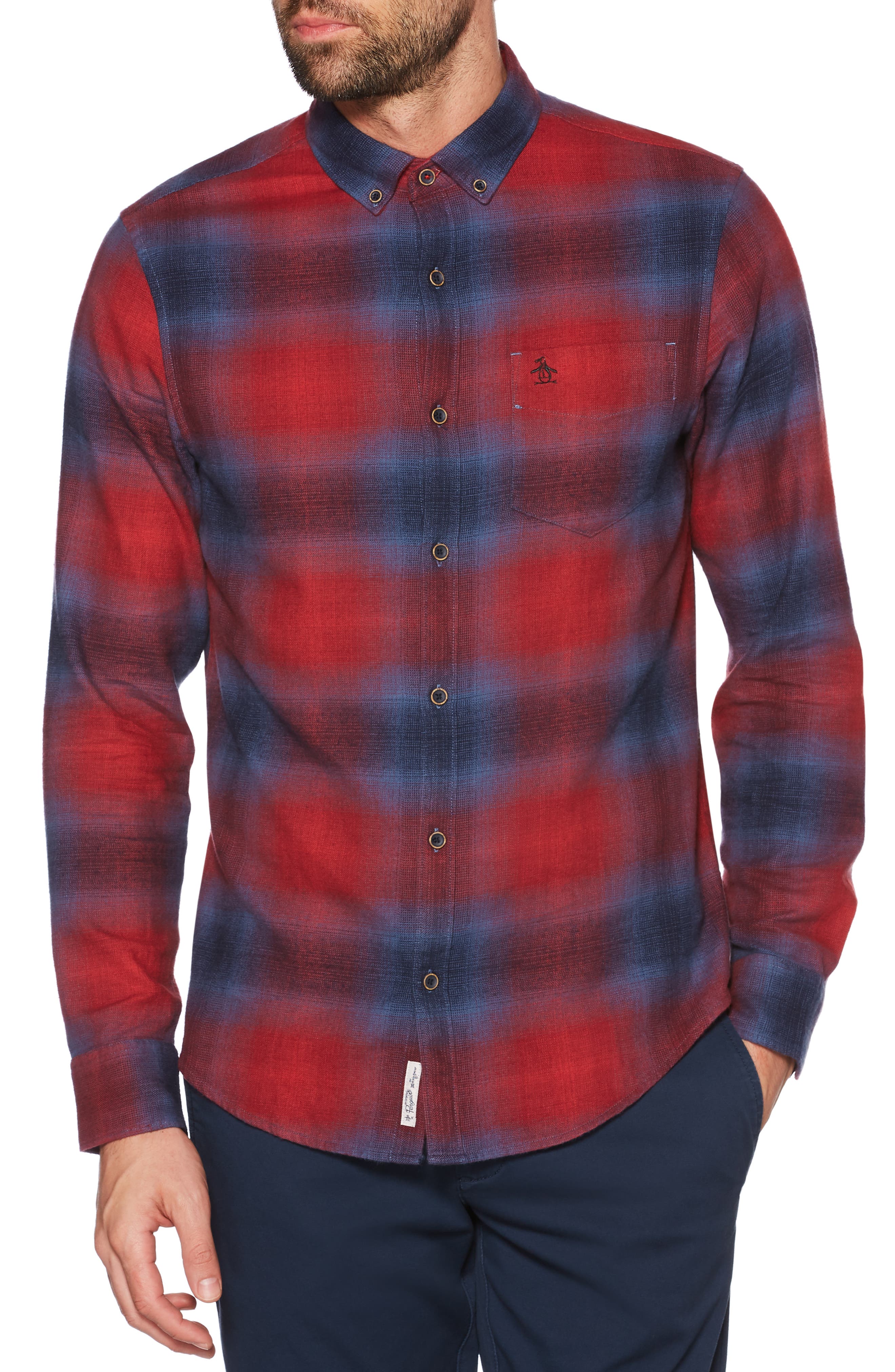 UPC 740670419602 product image for Men's Original Penguin Ombre Plaid Sport Shirt, Size Large - Red | upcitemdb.com
