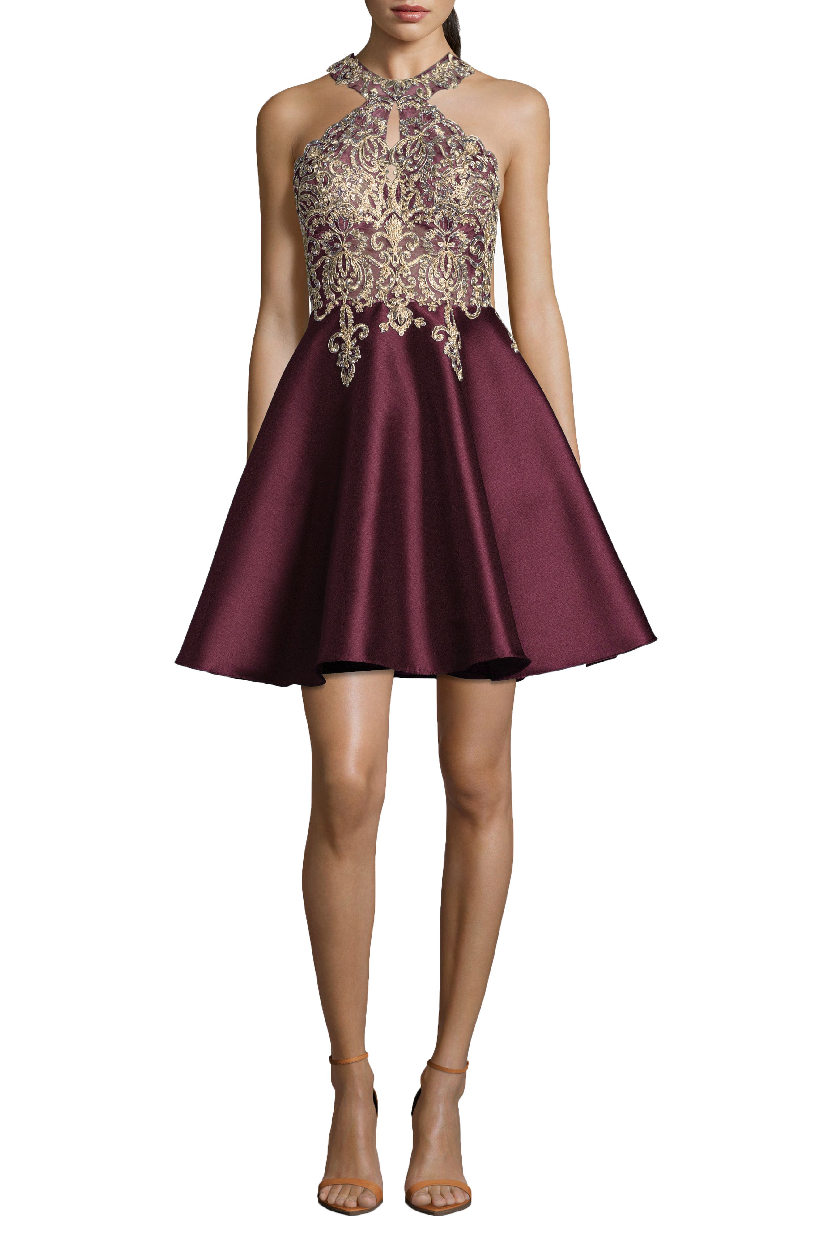 Xscape Embellished Embroidered Mikado Party Dress, Burgundy