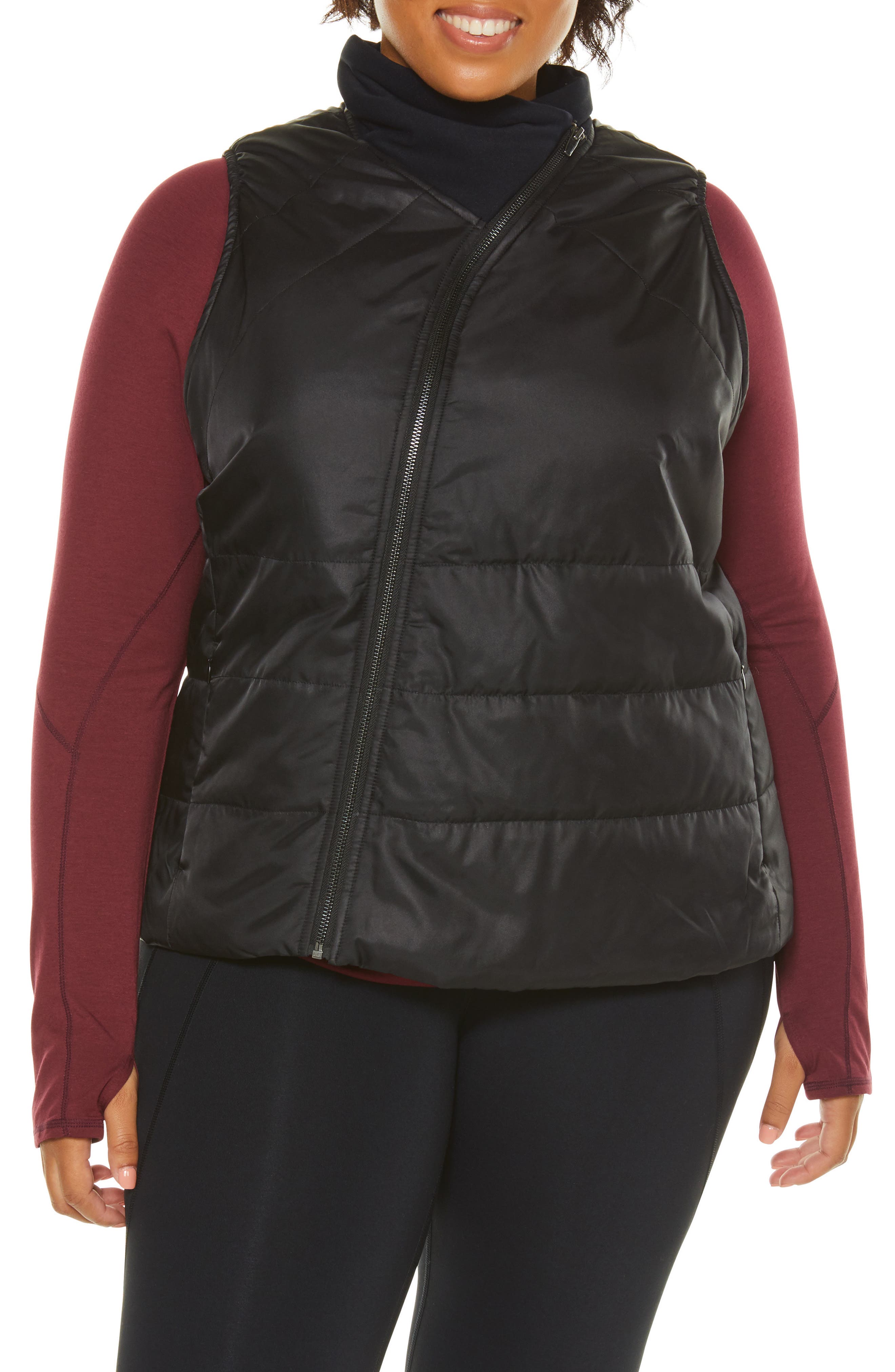 Plus Size Shape Activewear Glamour Puffer Vest, Black