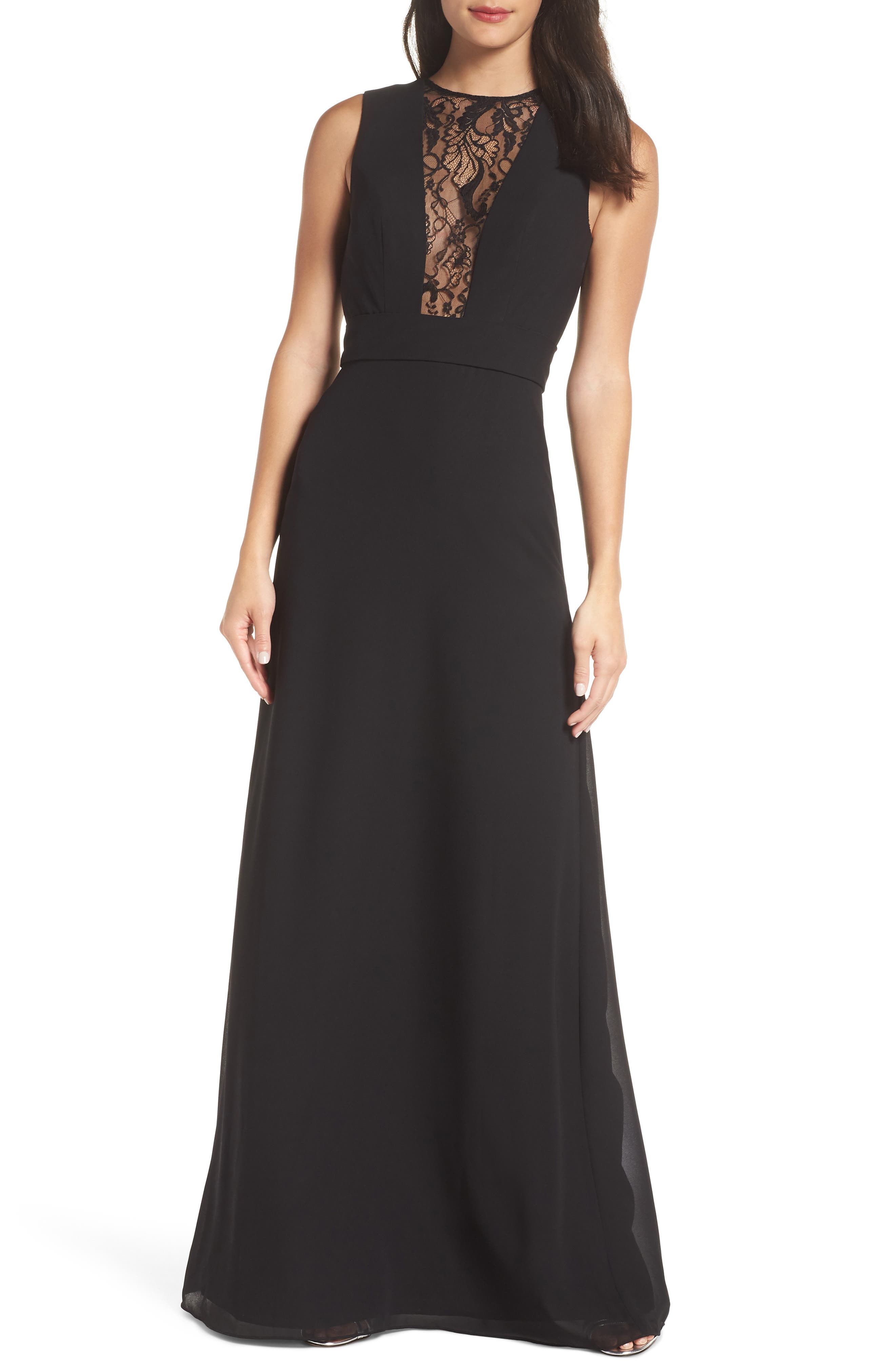 Hayley Paige Occasions Lace Inset Chiffon Gown, Black