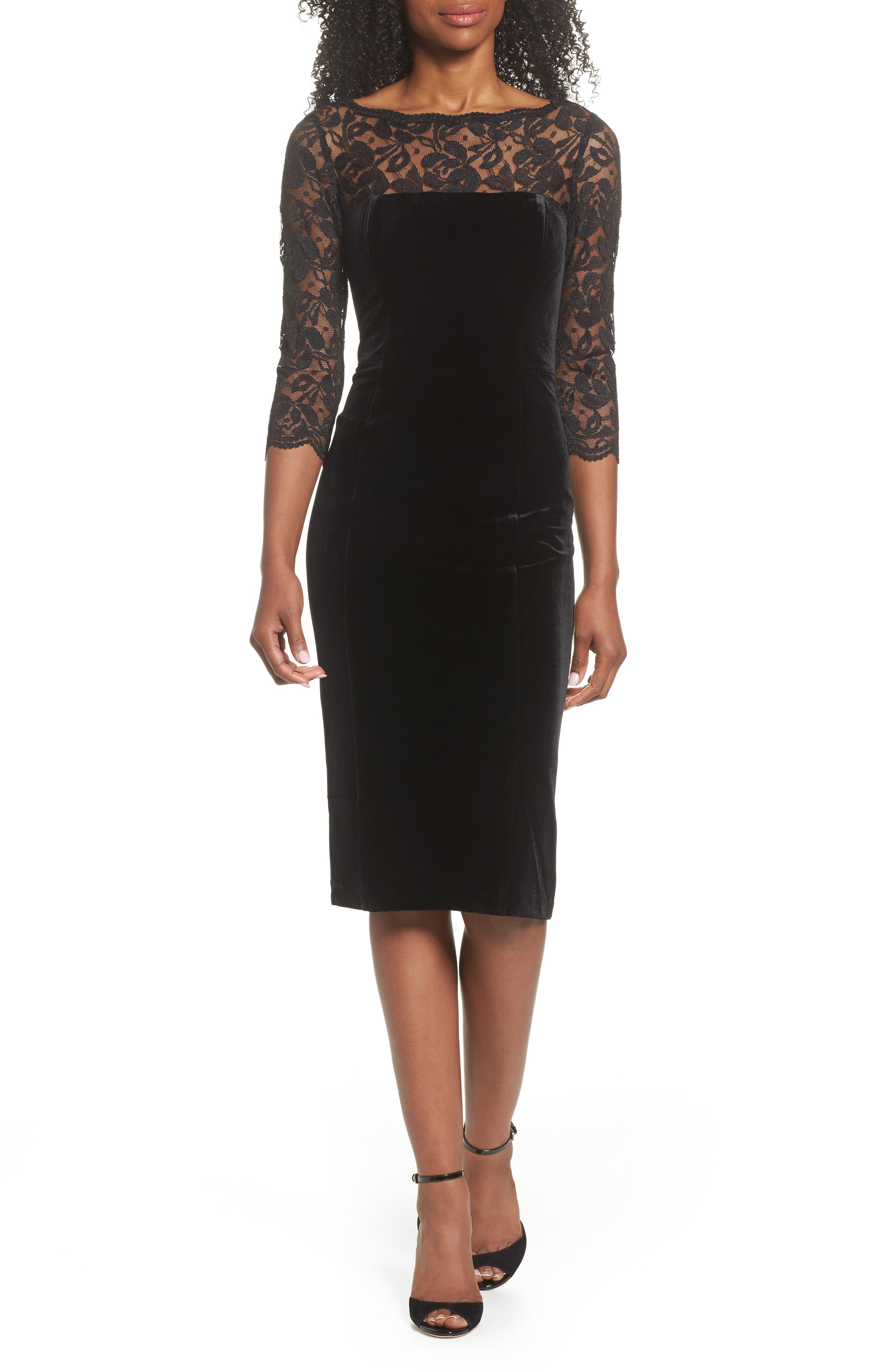 Eliza J Lace & Velvet Sheath Dress, Black