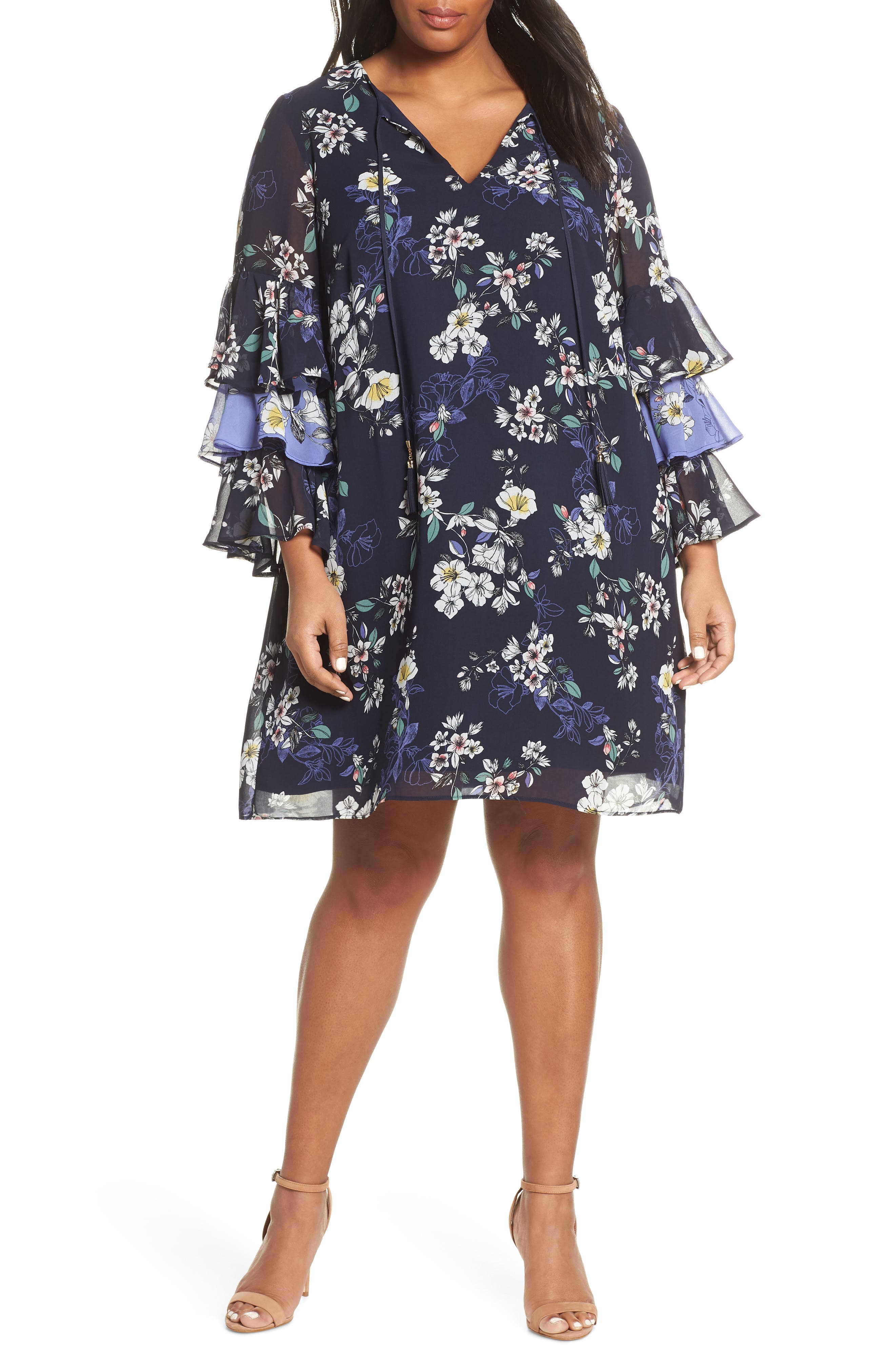Plus Size Vince Camuto Tiered Ruffle Sleeve Shift Dress, Blue