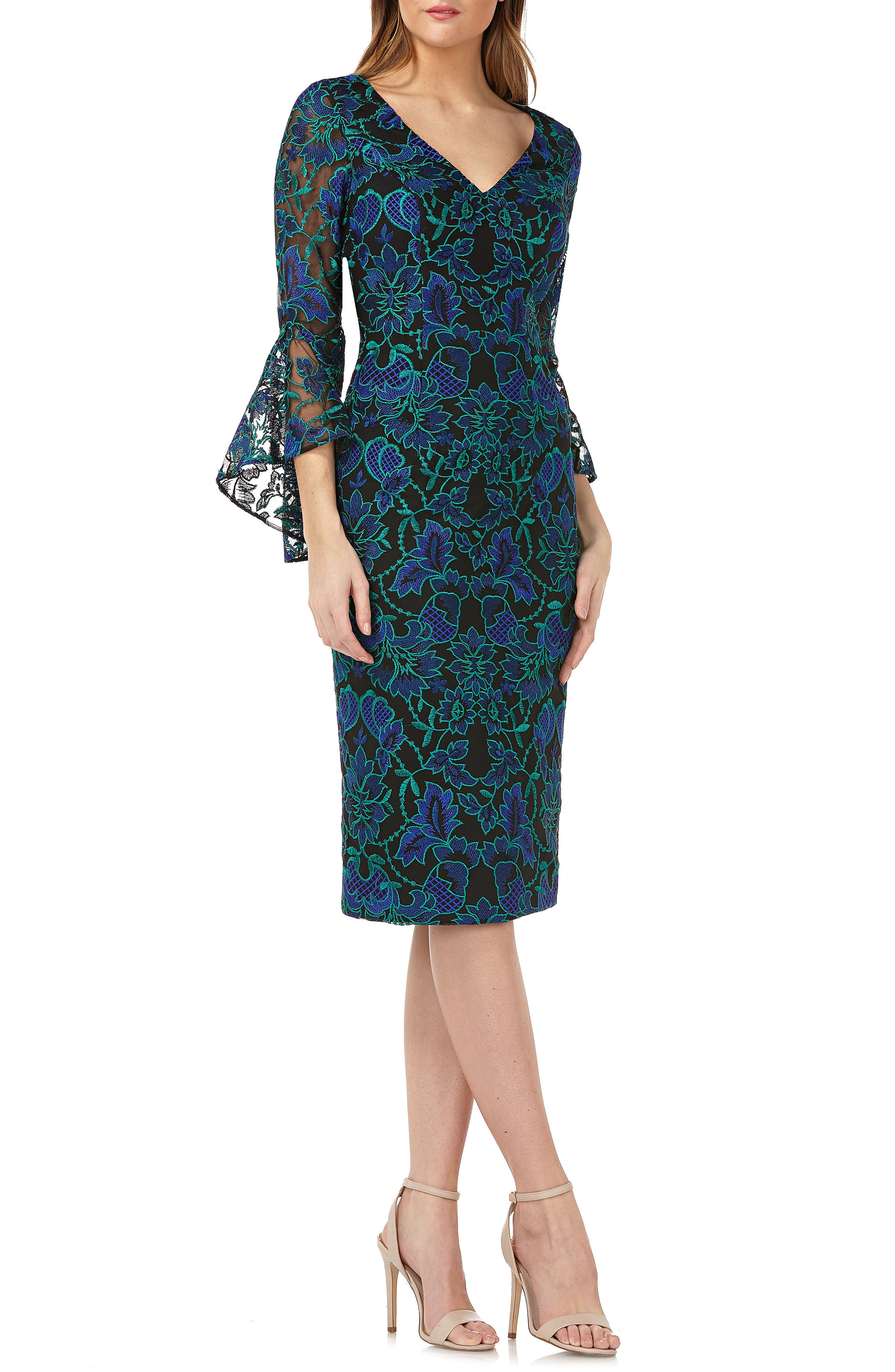 Carmen Marc Valvo Infusion Embroidered Sheath Dress, Blue