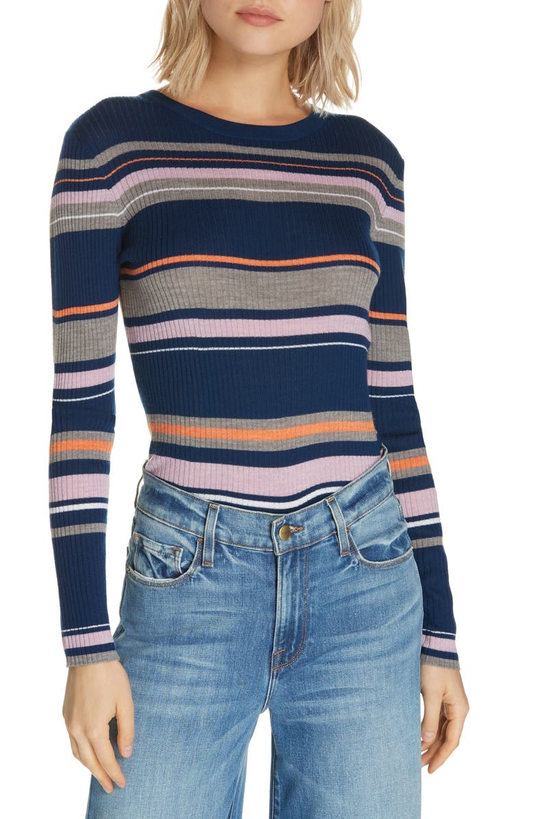 FRAME Stripe Crewneck Merino Wool Blend Sweater | Nordstrom