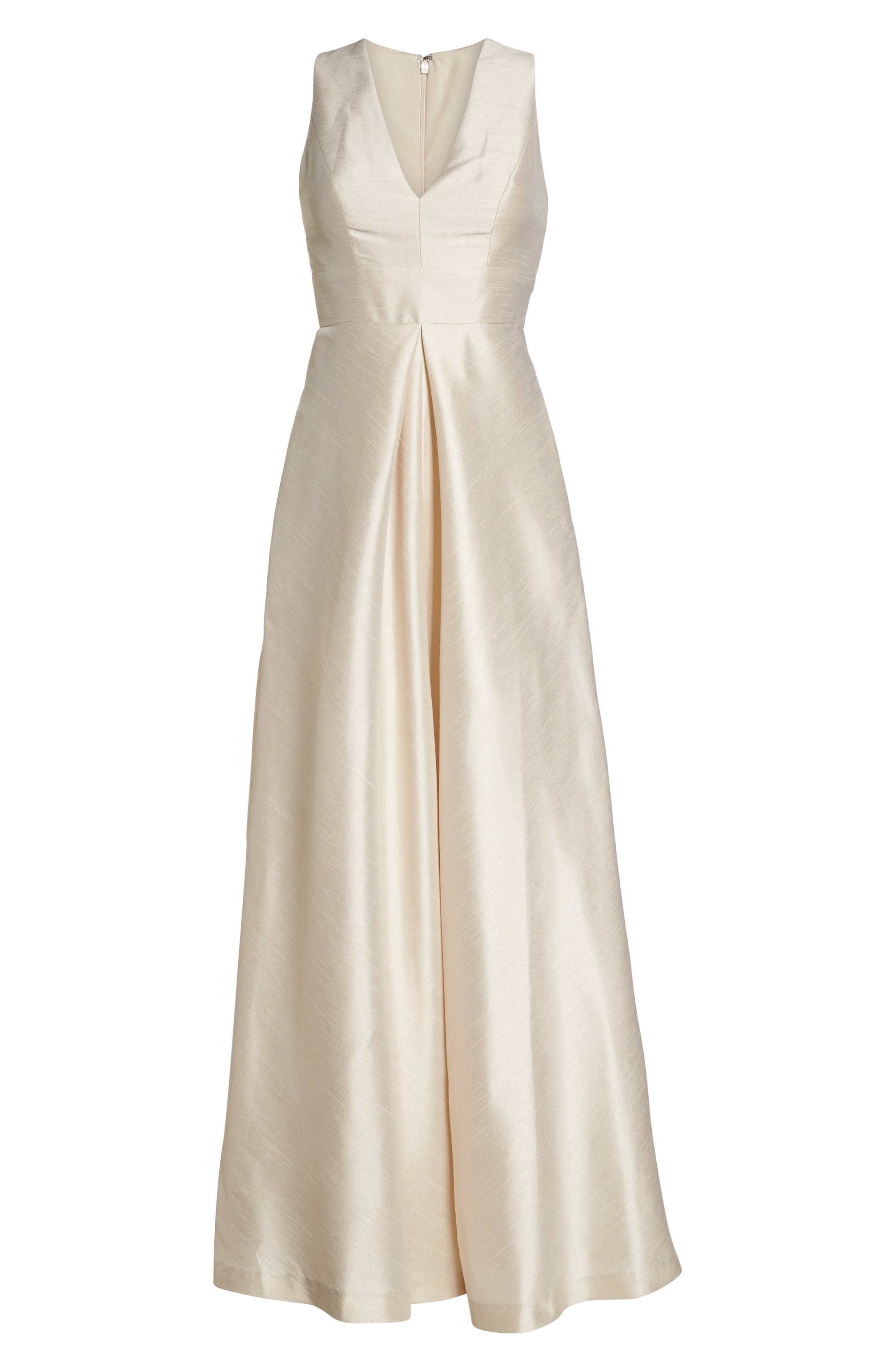 Alfred Sung V-Neck Dupioni Evening Gown, Beige