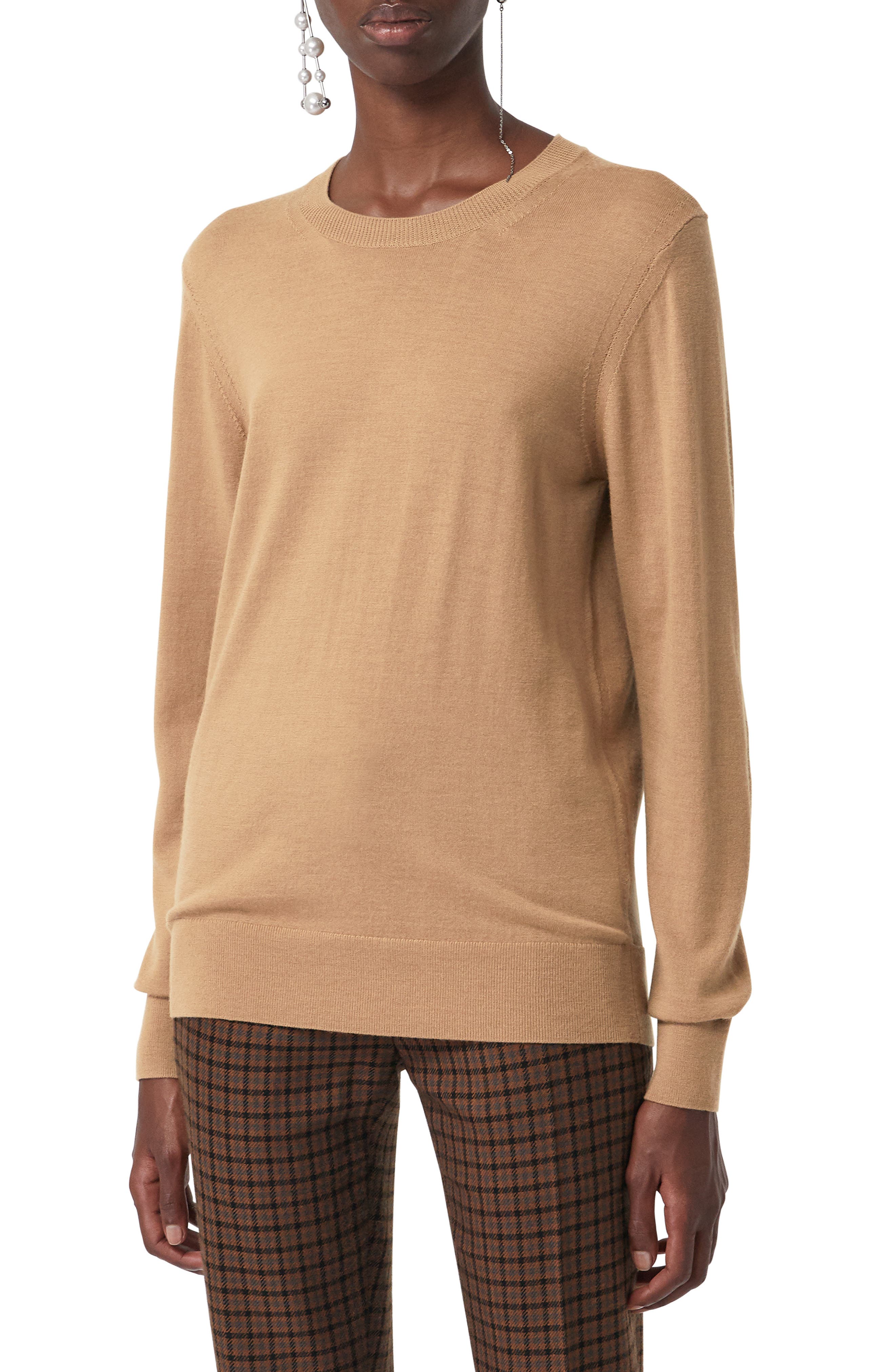Burberry Bempton Tartan Elbow Patch Merino Wool Sweater, Brown