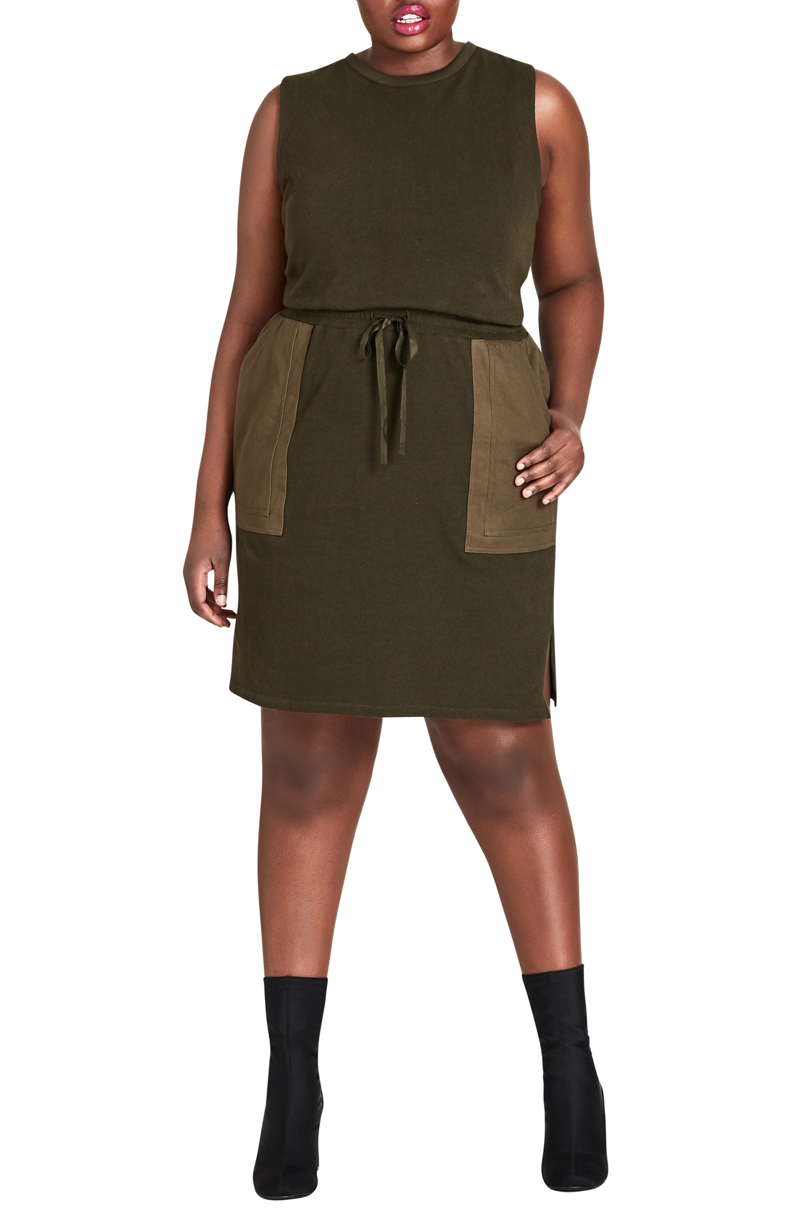 Plus Size City Chic Army Pocket Cotton Dress, Green