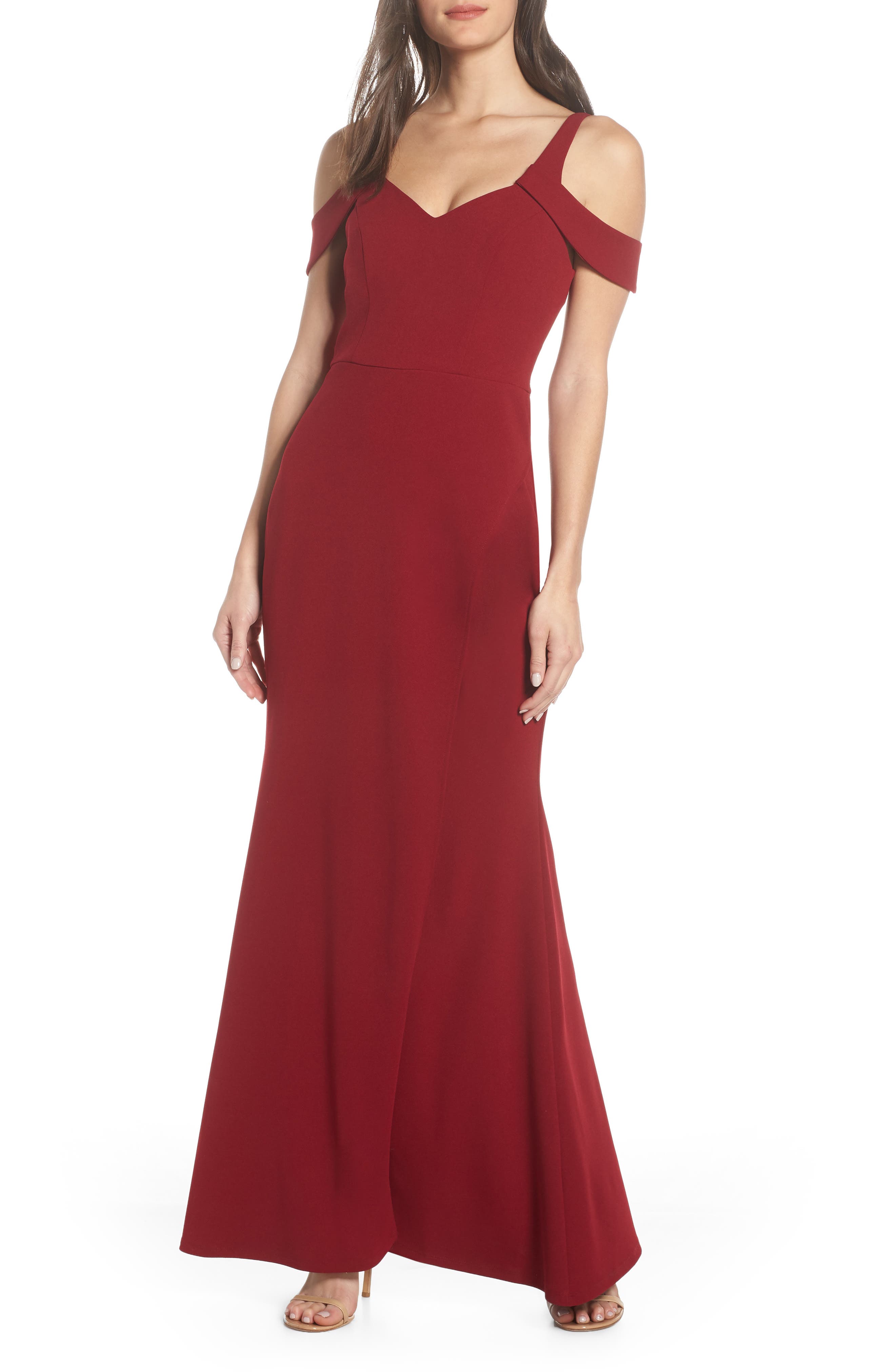 Sequin Hearts Scuba Crepe Cold Shoulder Evening Dress, Red