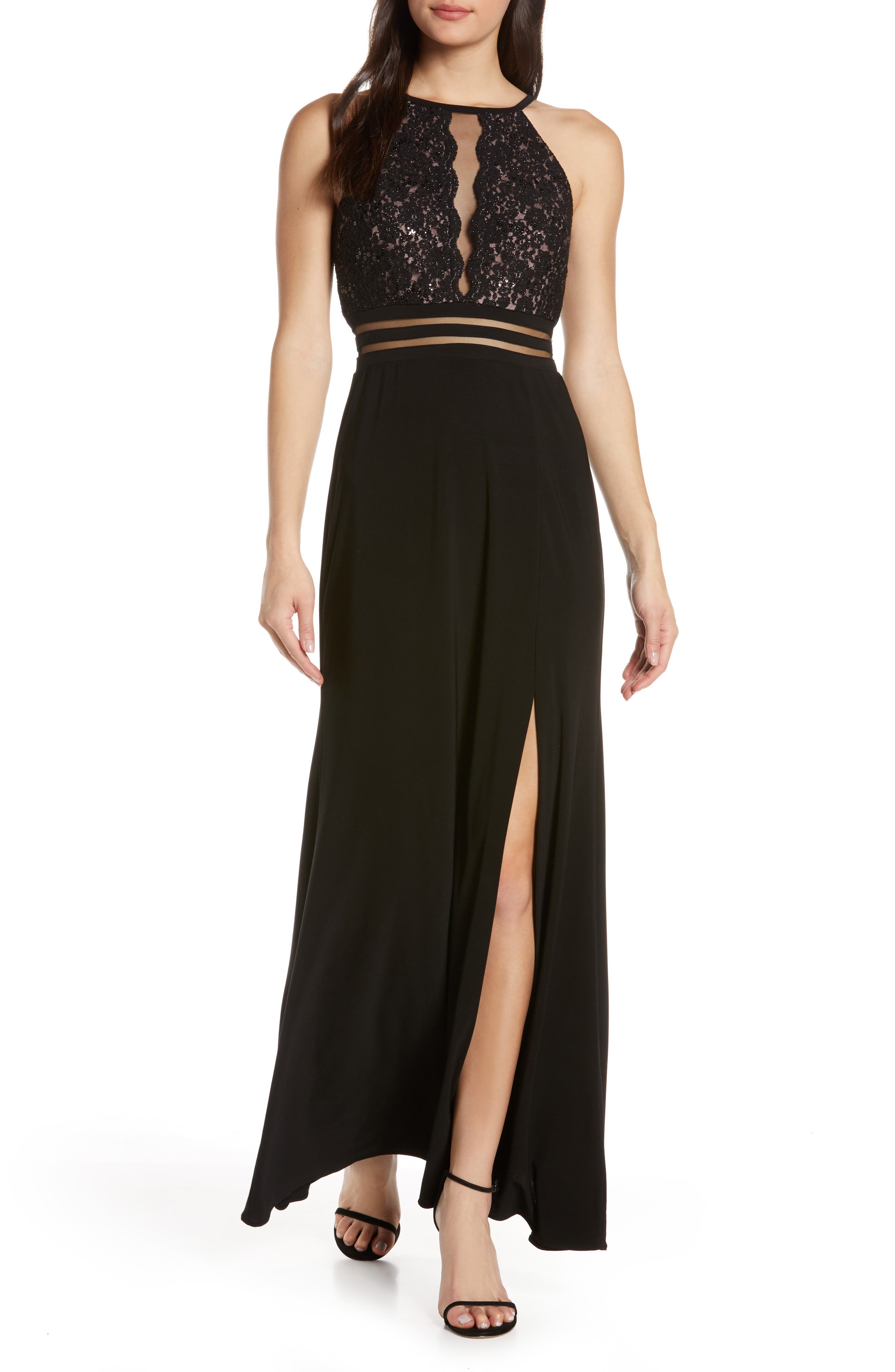 Morgan & Co. Scallop Lace Bodice Evening Dress, Black
