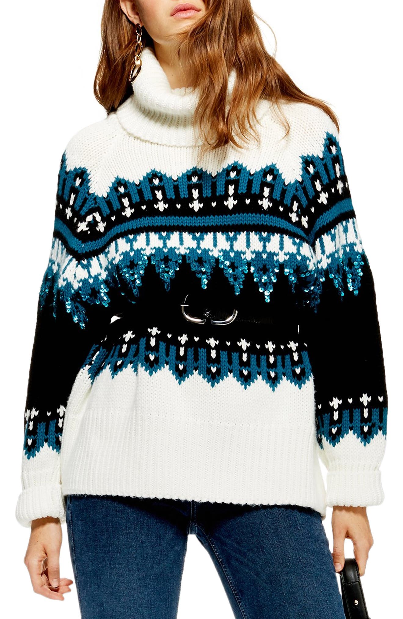 Topshop Sequin Oversize Fair Isle Sweater, Ivory