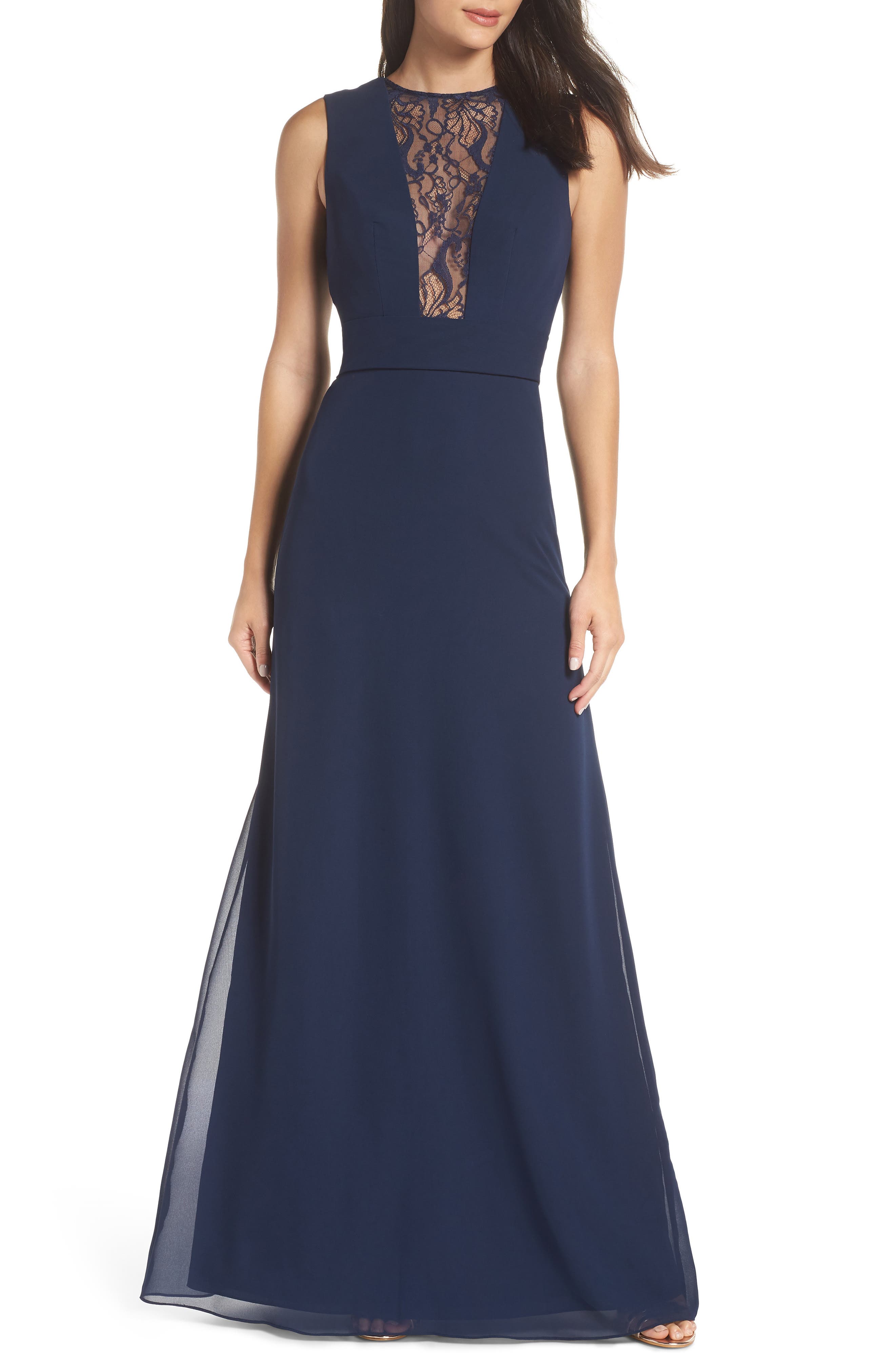 Hayley Paige Occasions Lace Inset Chiffon Gown, Blue