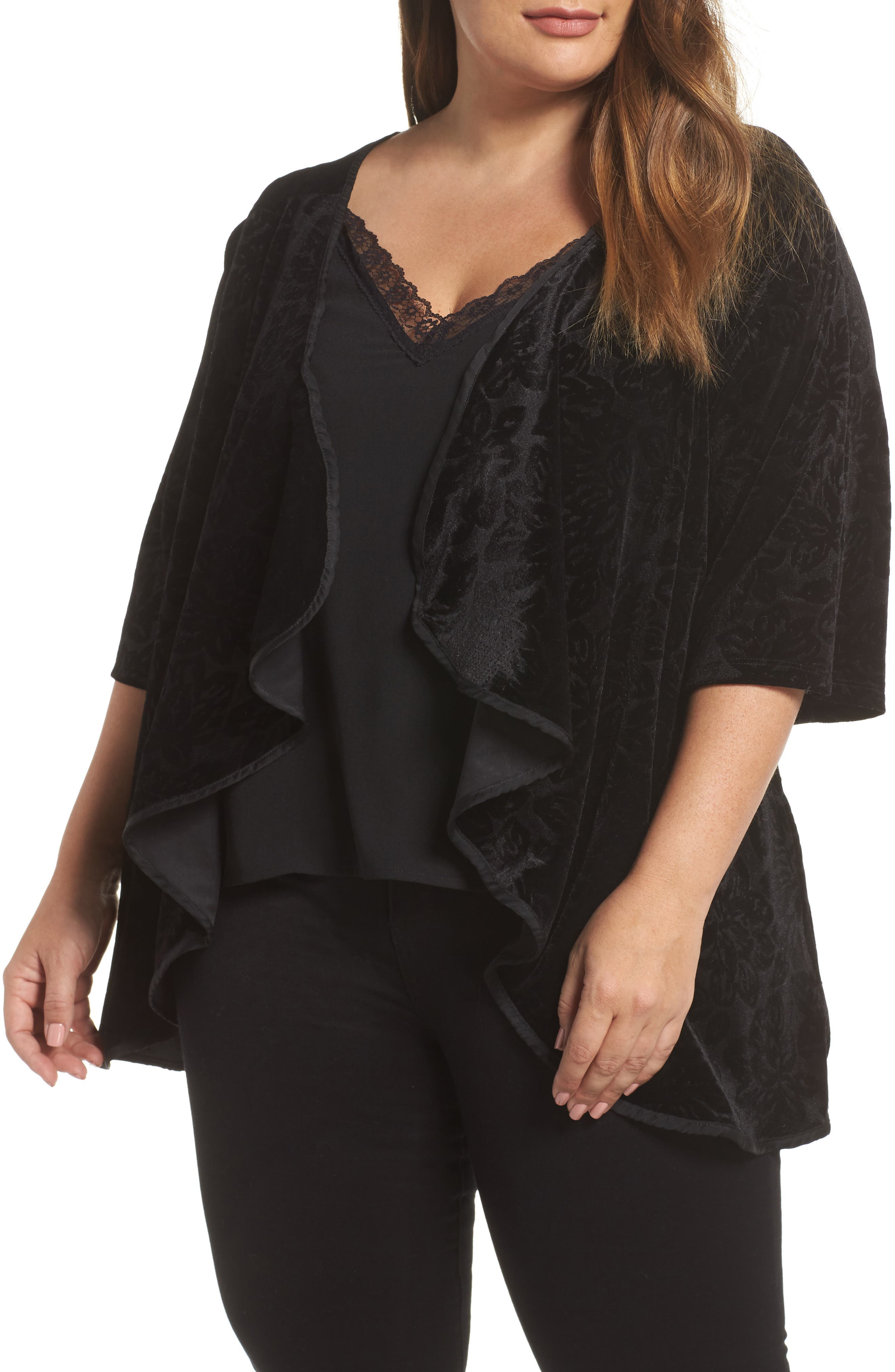Plus Size Bobeau Drape Front Burnout Velvet Cardigan