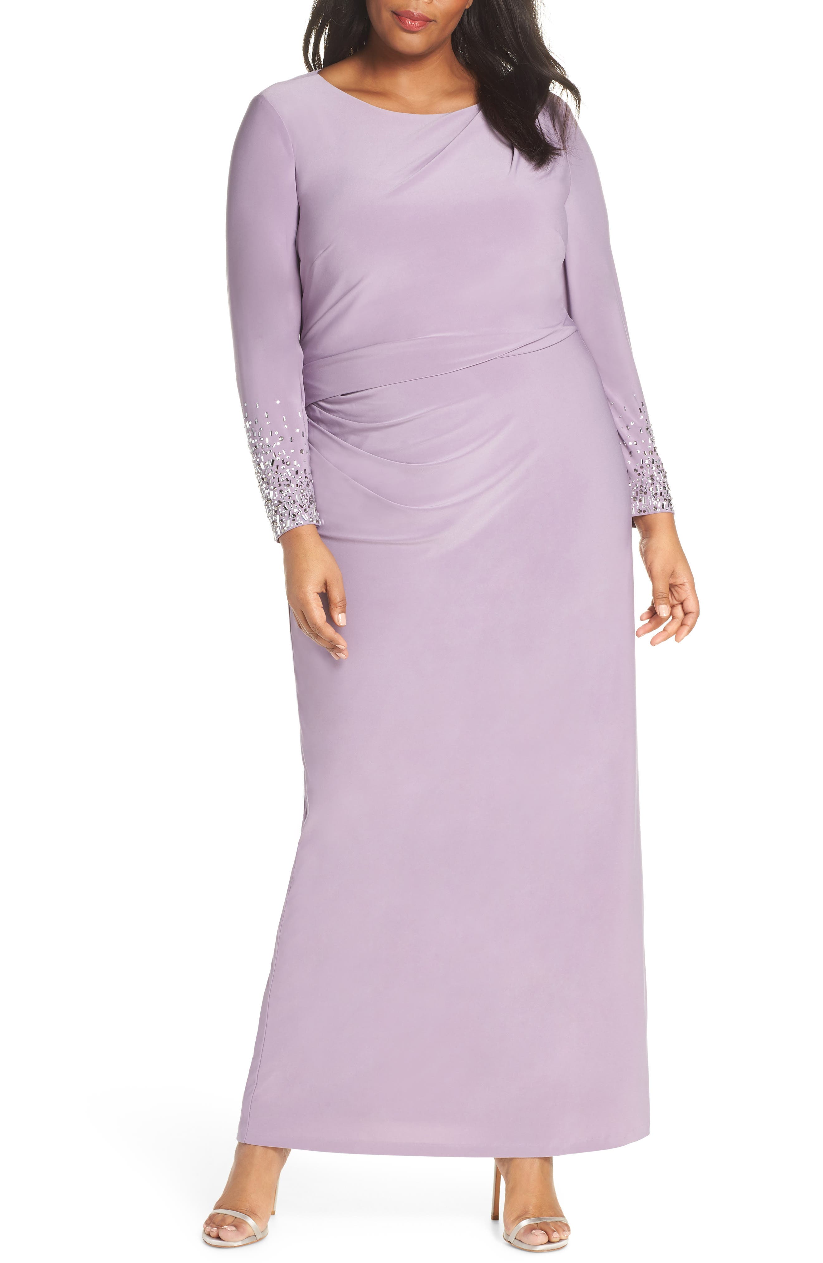 Plus Size Vince Camuto Embellished Sleeve Ruched Evening Dress, Purple