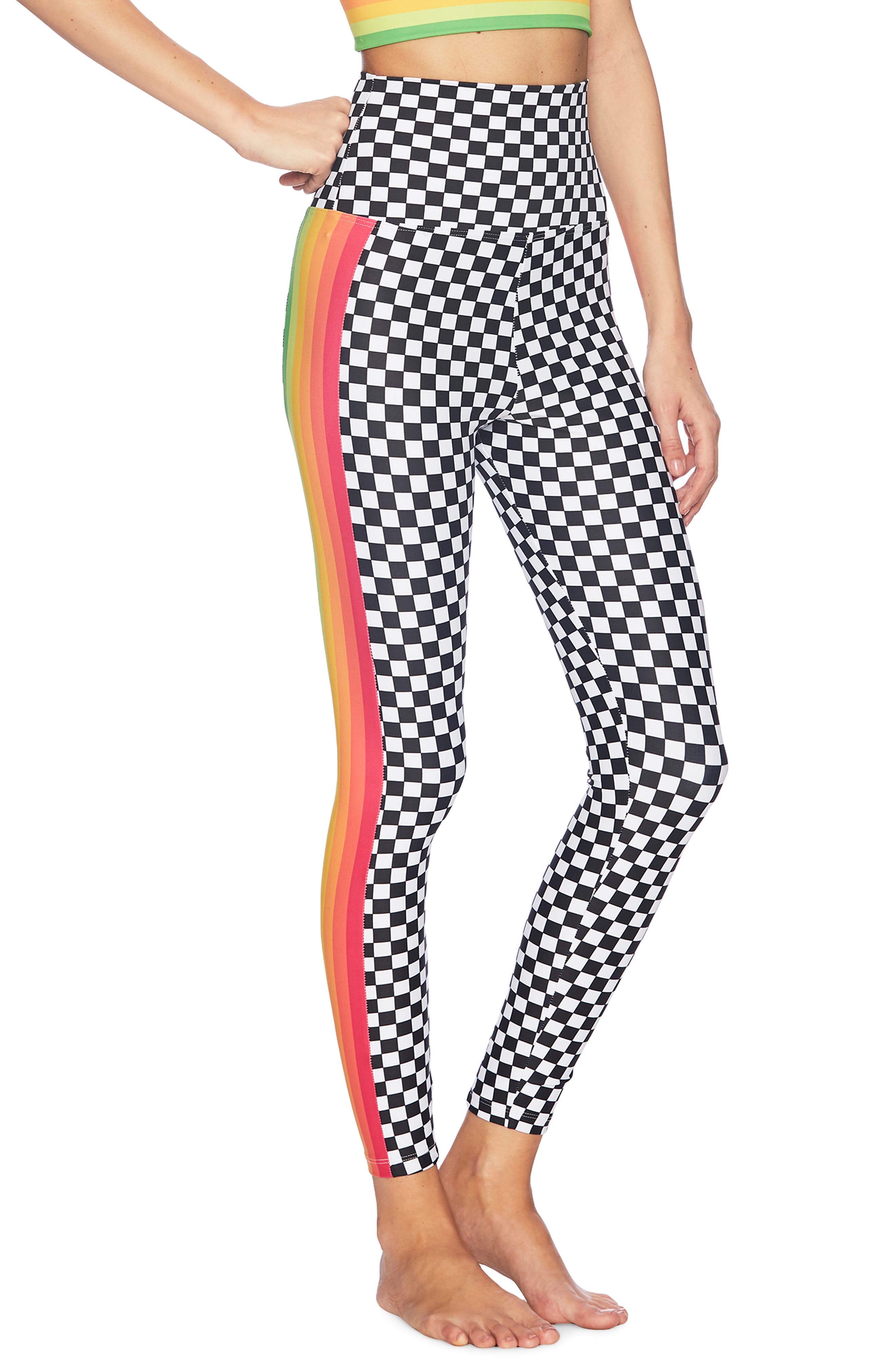Beach Riot Jade Neon Stripe & Check Print Leggings, Black