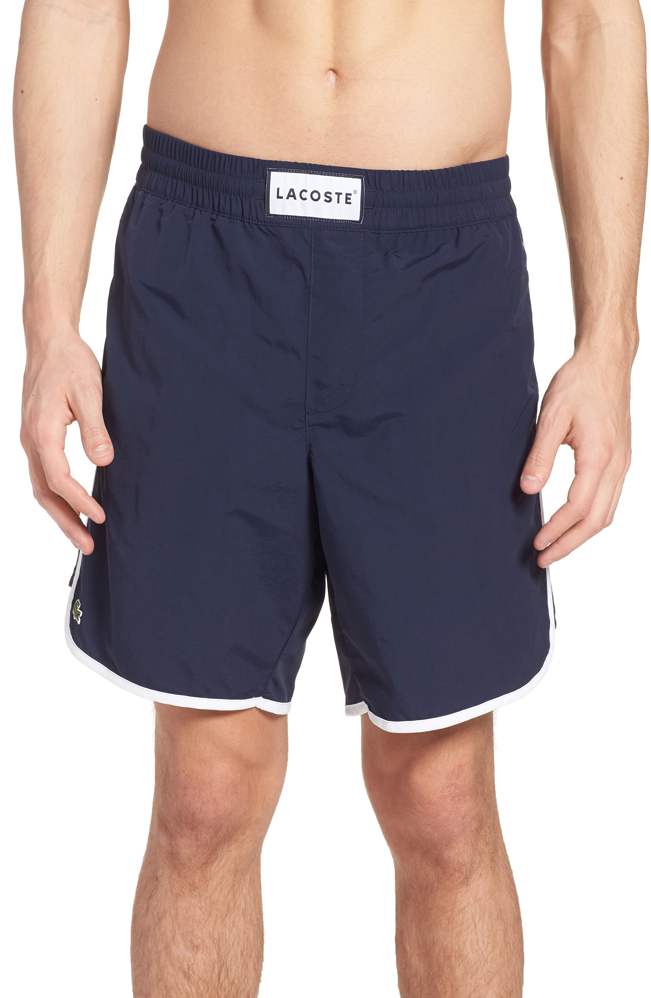 lacoste striped swim shorts