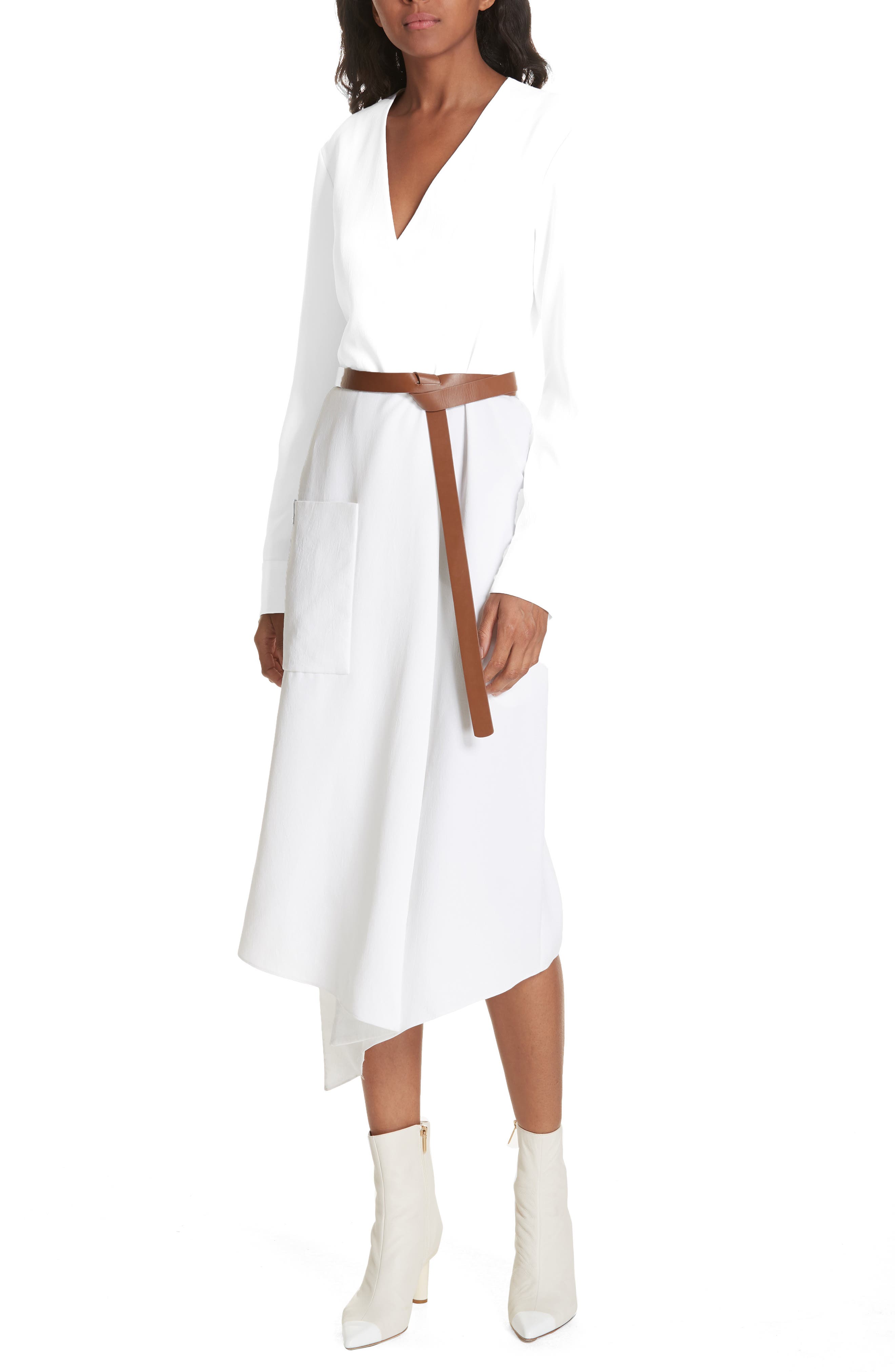 Tibi Drape Twill Midi Wrap Dress, White