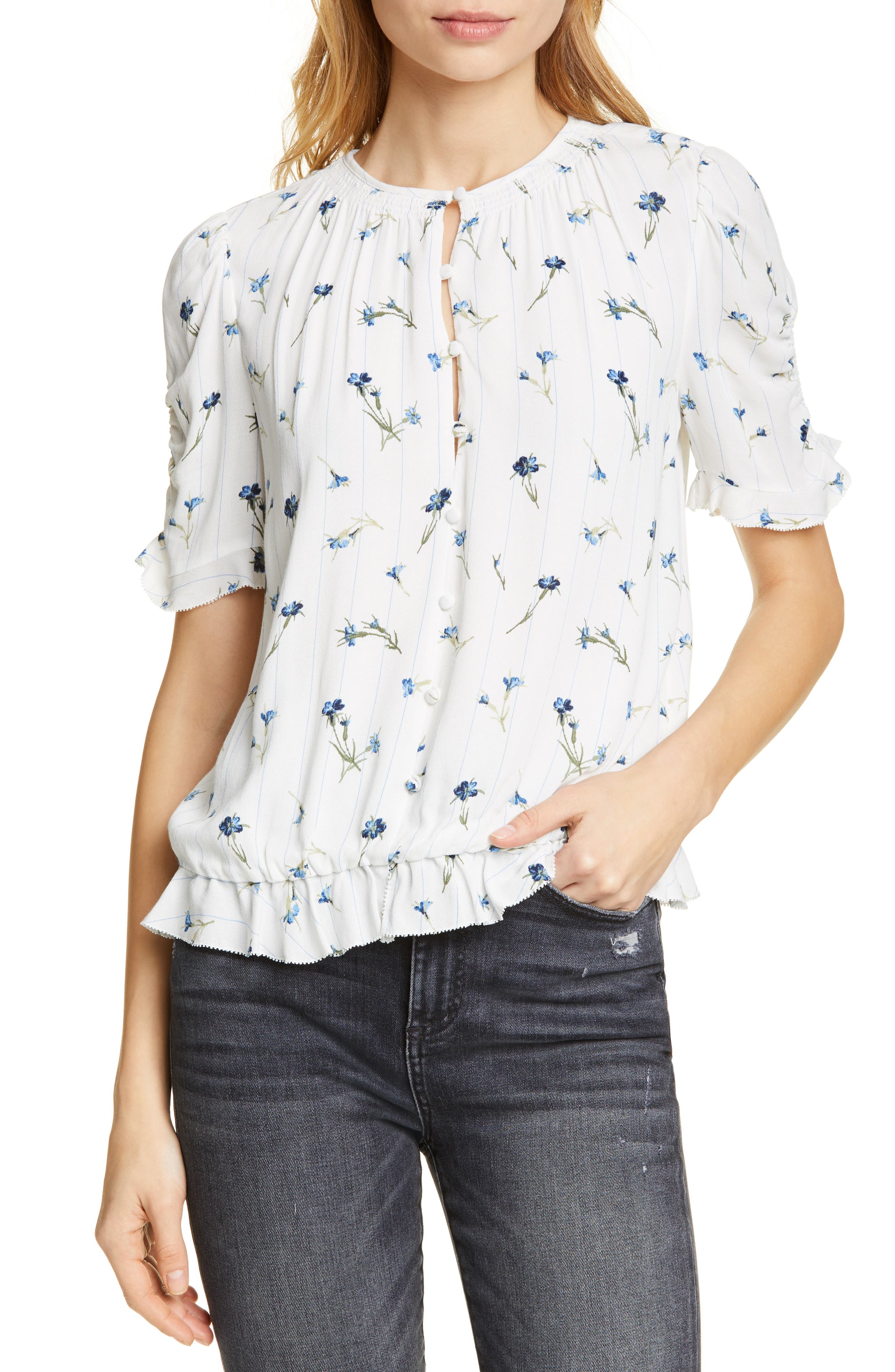 Joie Tops VONNY FLORAL RUCHED SLEEVE BLOUSE