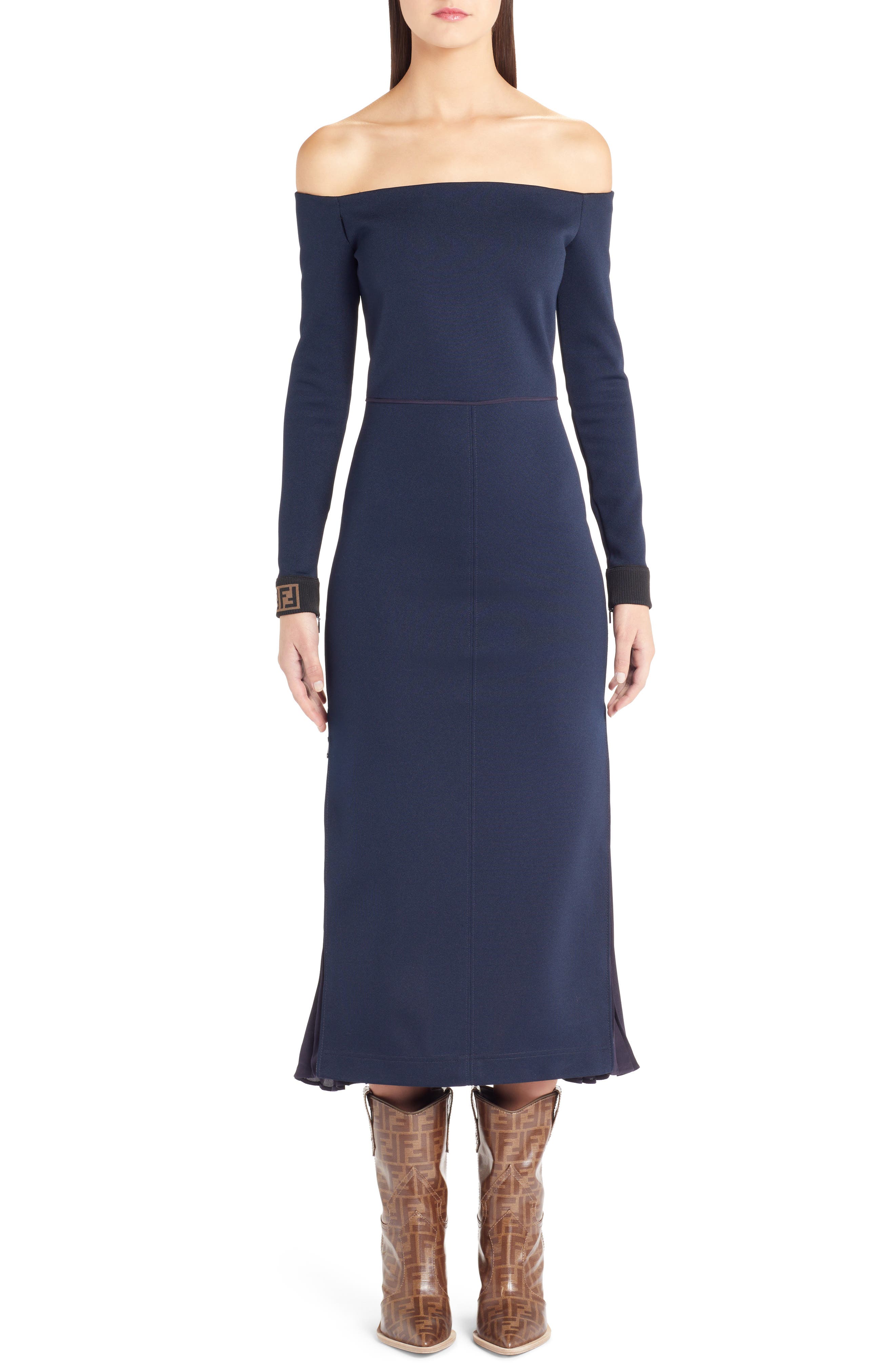 Fendi Logo Cuff Off The Shoulder Midi Dress, US / 40 IT - Blue